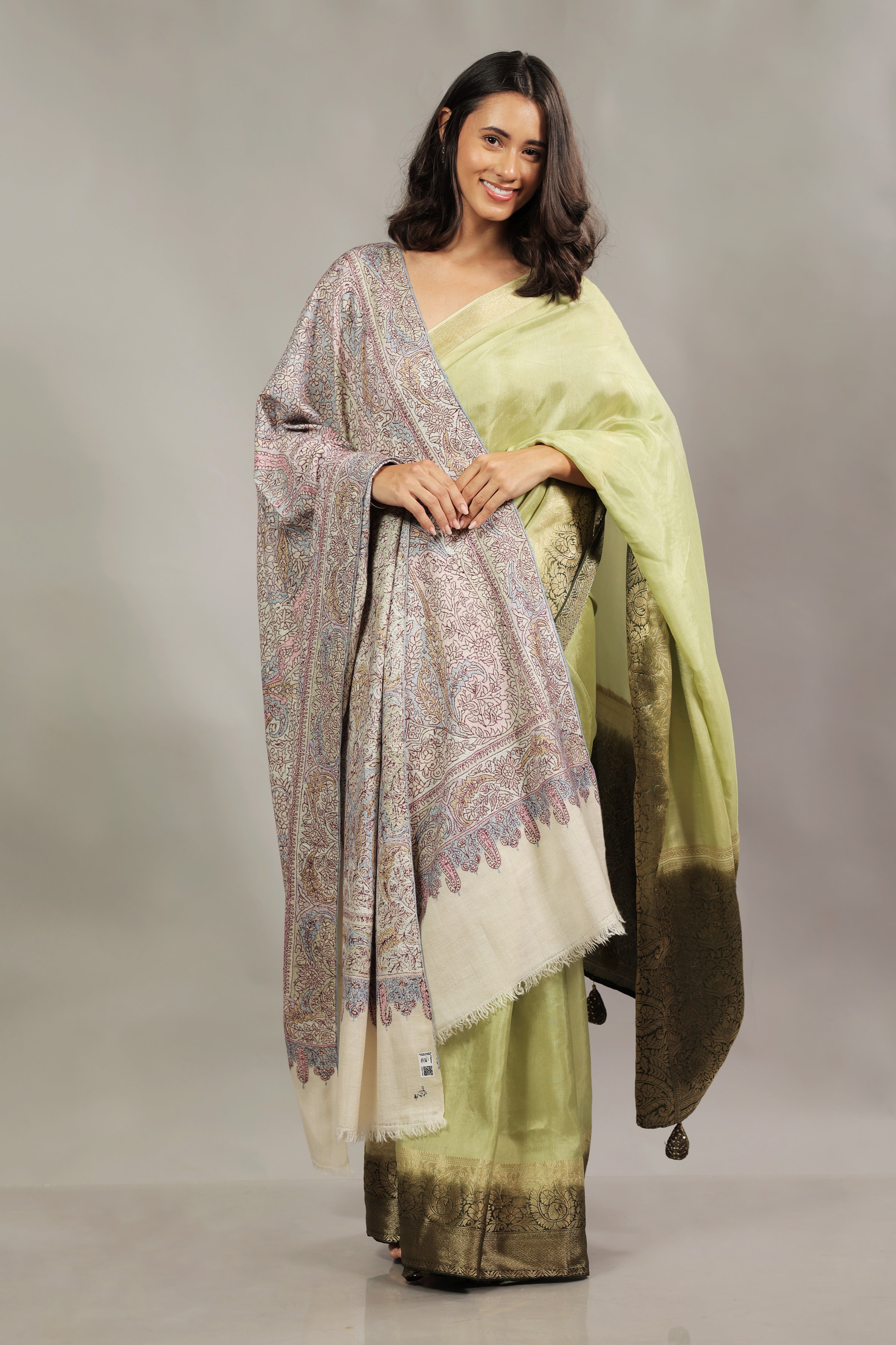Grey Sozni Hand Embroidered Heavy Grey Bootidaar Pashmina Shawl