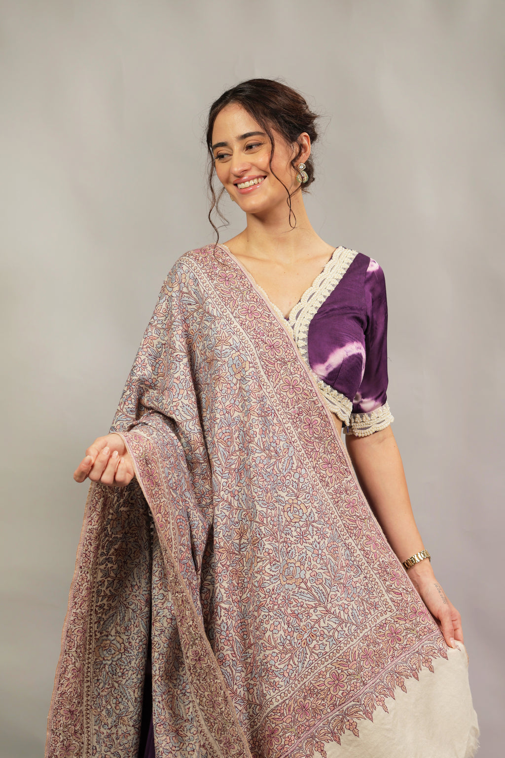 Ivory Hand Embroidered Jamawar Pashmina Shawl