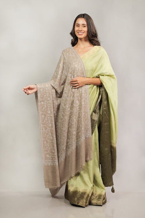Beige Hand Embroidered Jaal Pashmina Shawl