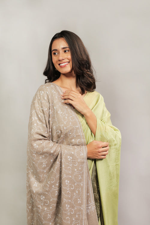 Beige Hand Embroidered Jaal Pashmina Shawl