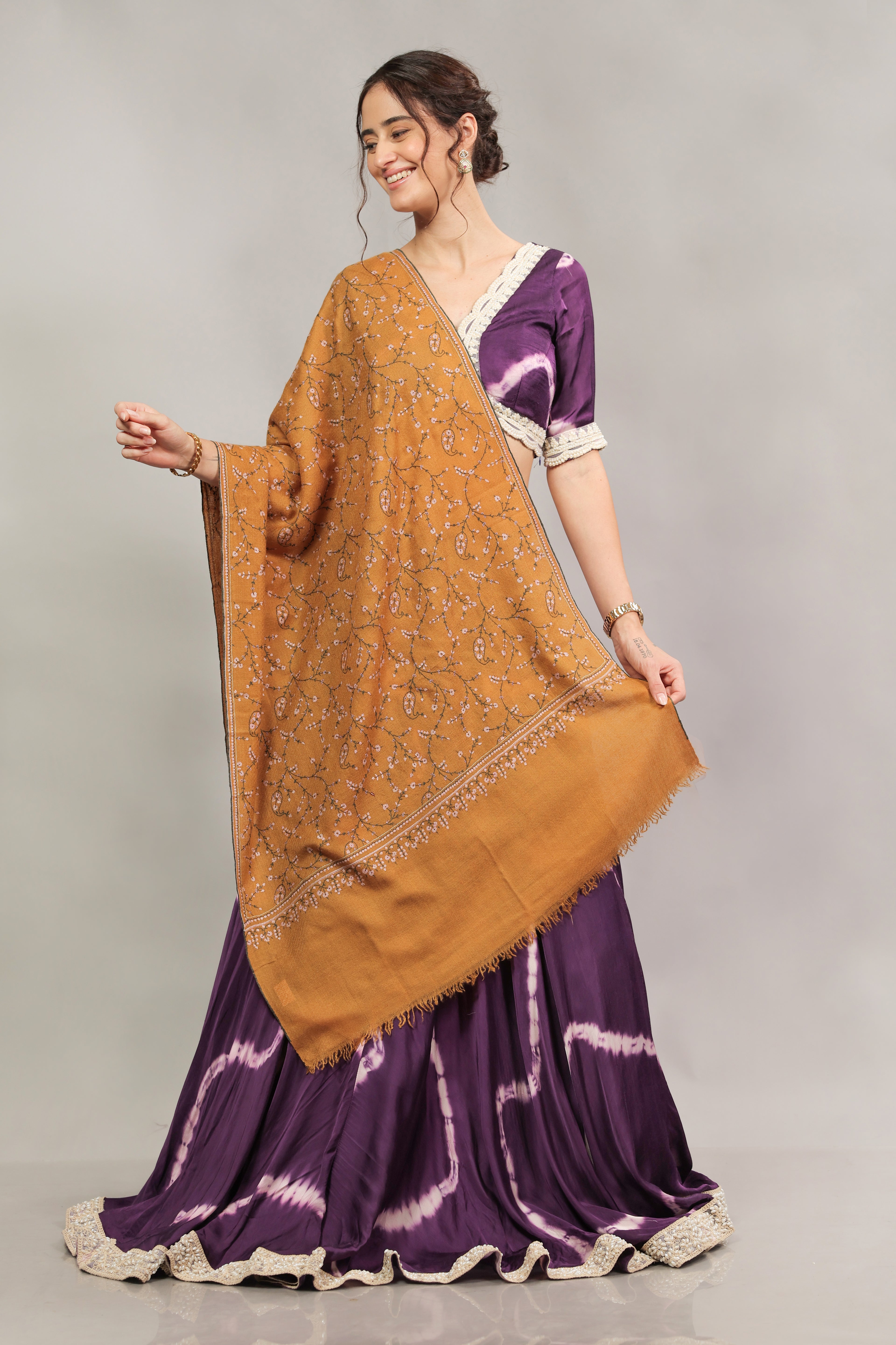 Mustard Sozni Hand Embroidered Pashmina Wrap