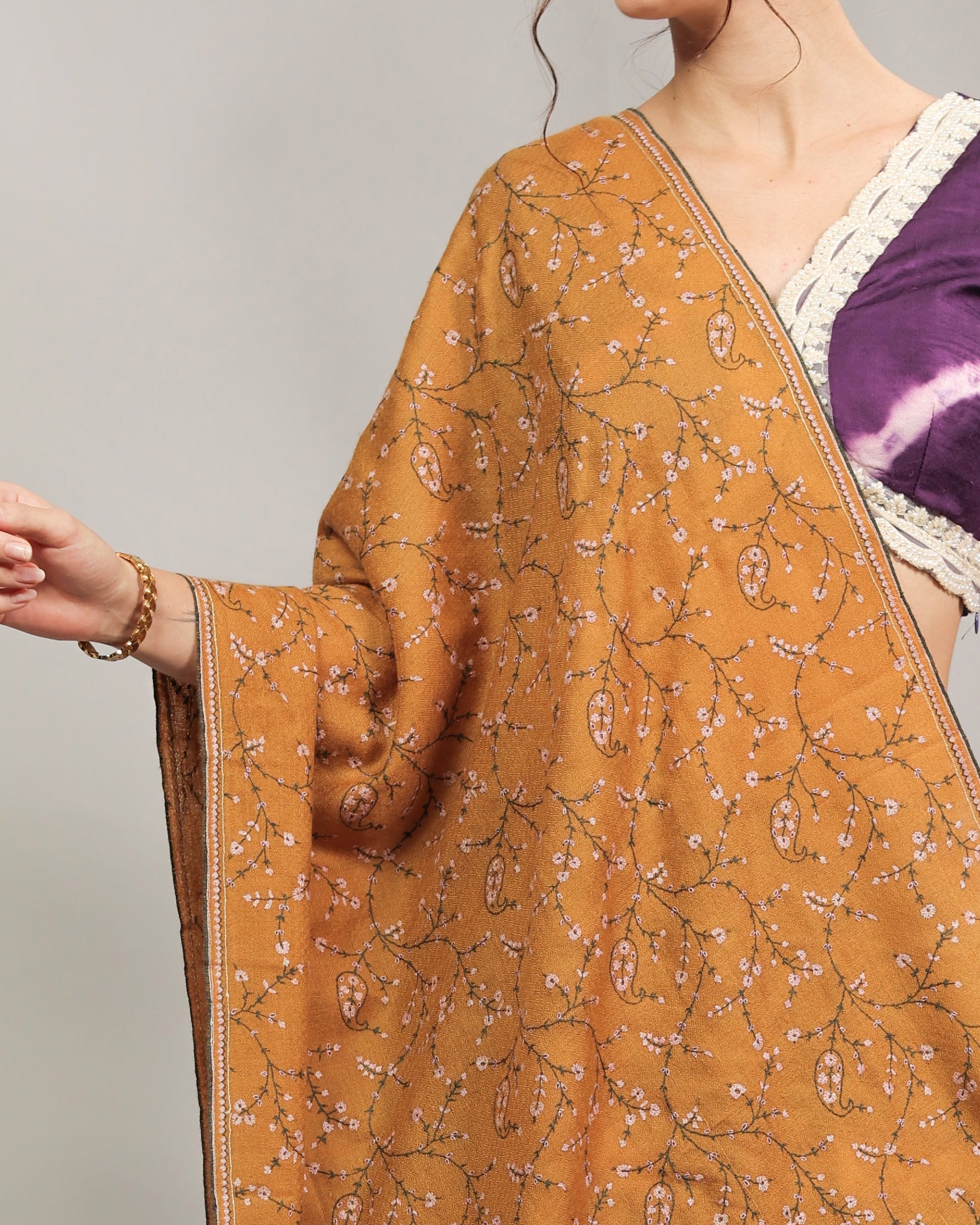 Mustard Sozni Hand Embroidered Pashmina Wrap