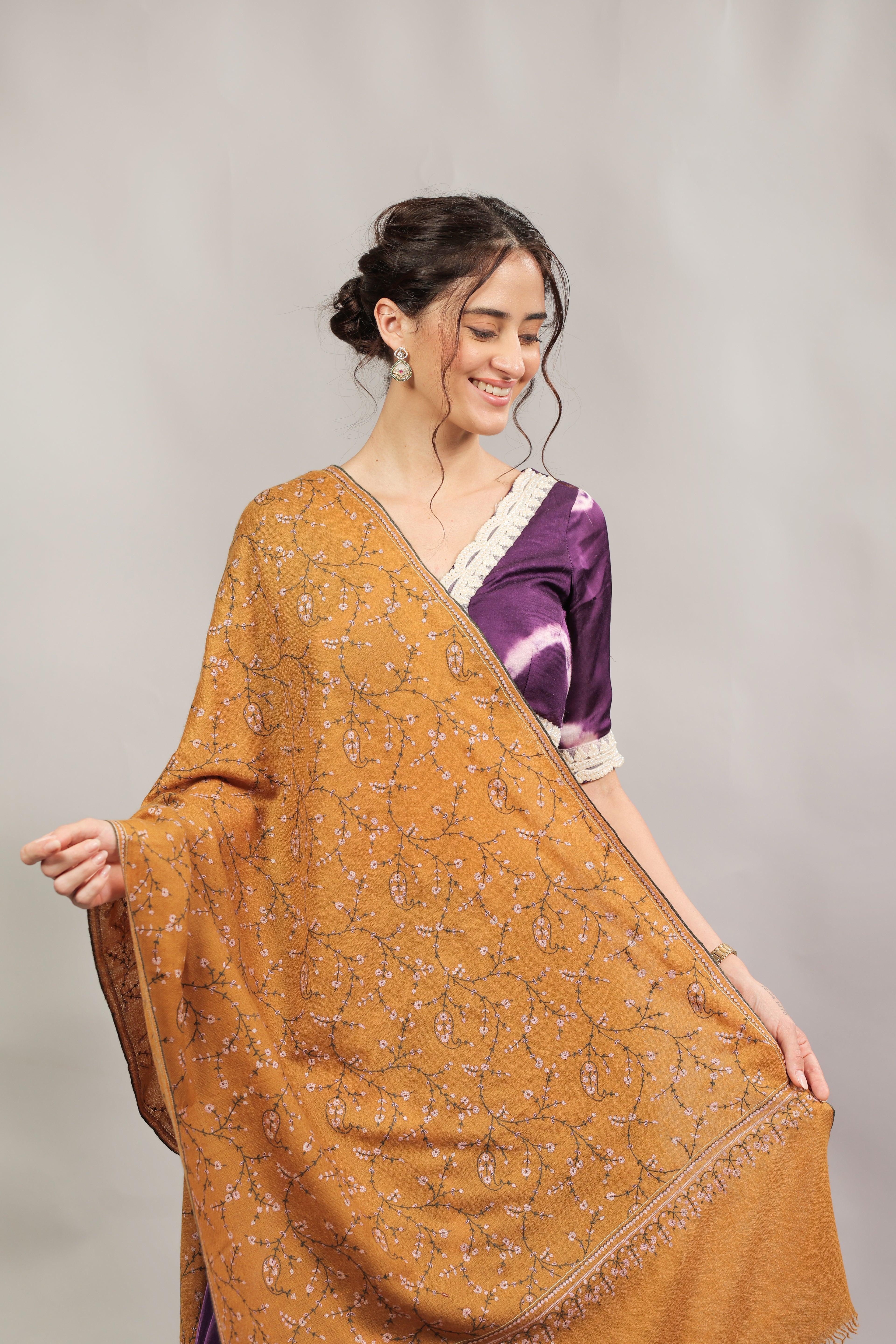 Mustard Sozni Hand Embroidered Pashmina Wrap