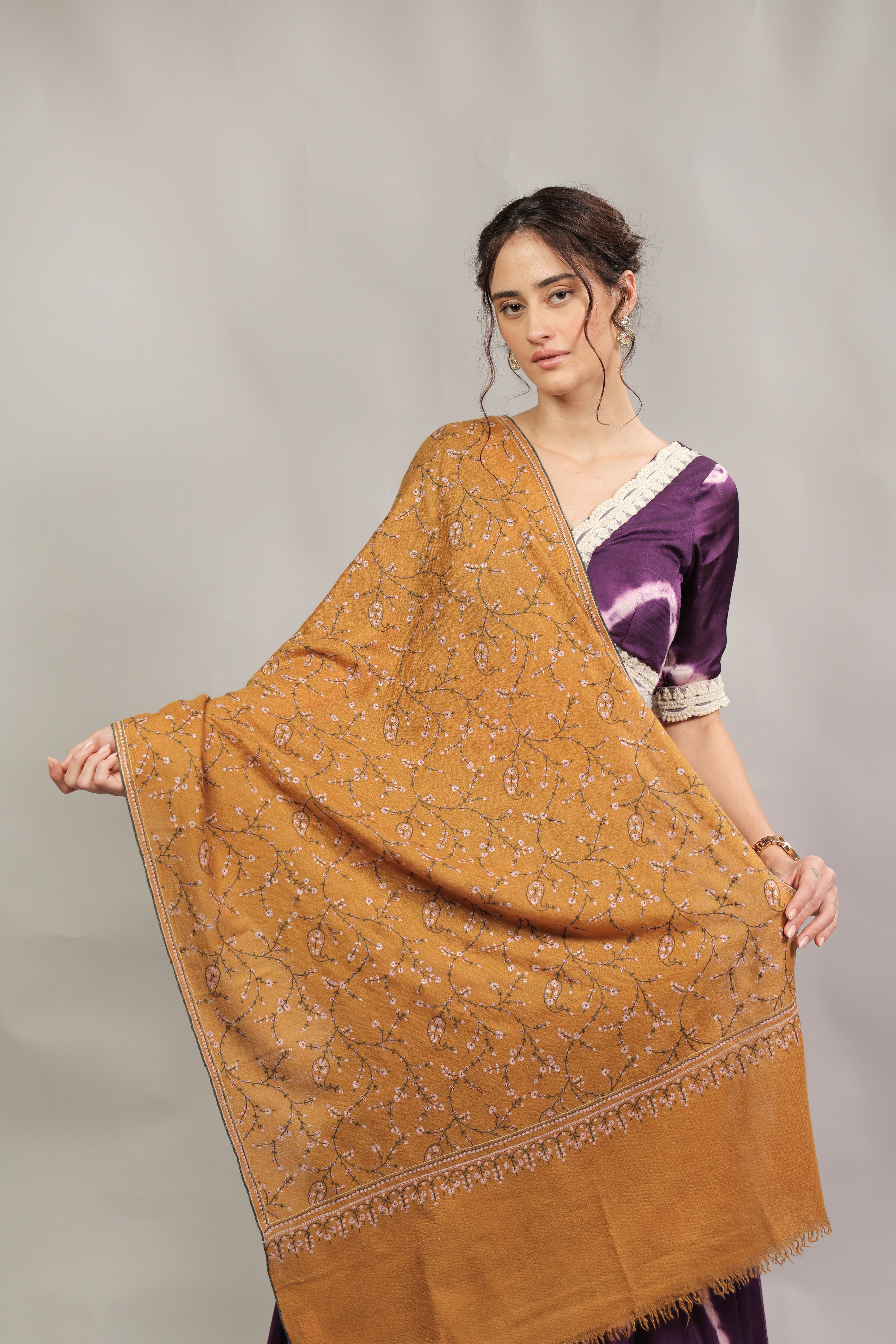 Mustard Sozni Hand Embroidered Pashmina Wrap
