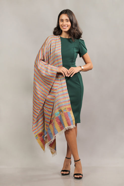 Yellow Multicolored Stripes Kani Palla Pashmina Stole