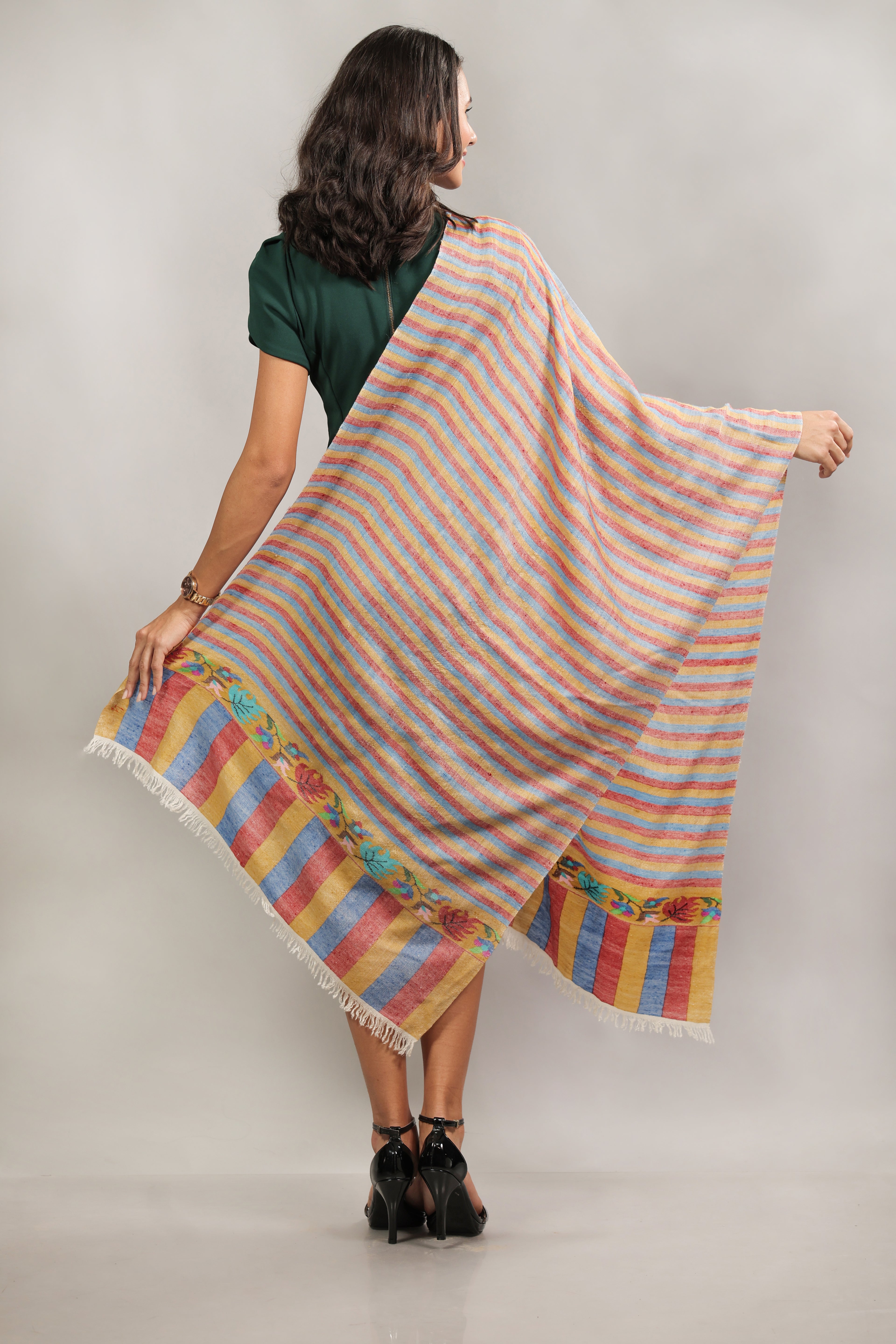 Yellow Multicolored Stripes Kani Palla Pashmina Wrap