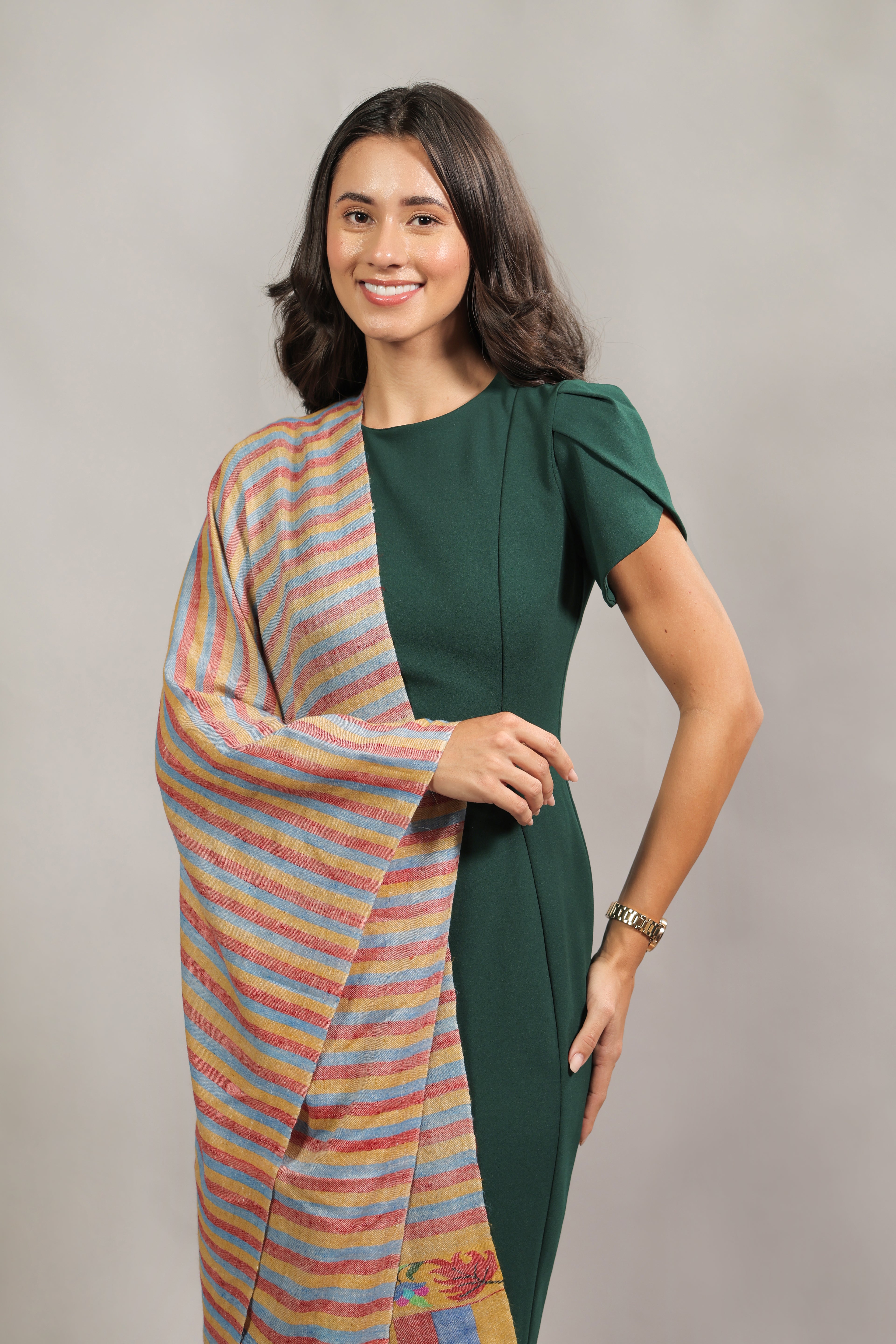 Yellow Multicolored Stripes Kani Palla Pashmina Wrap