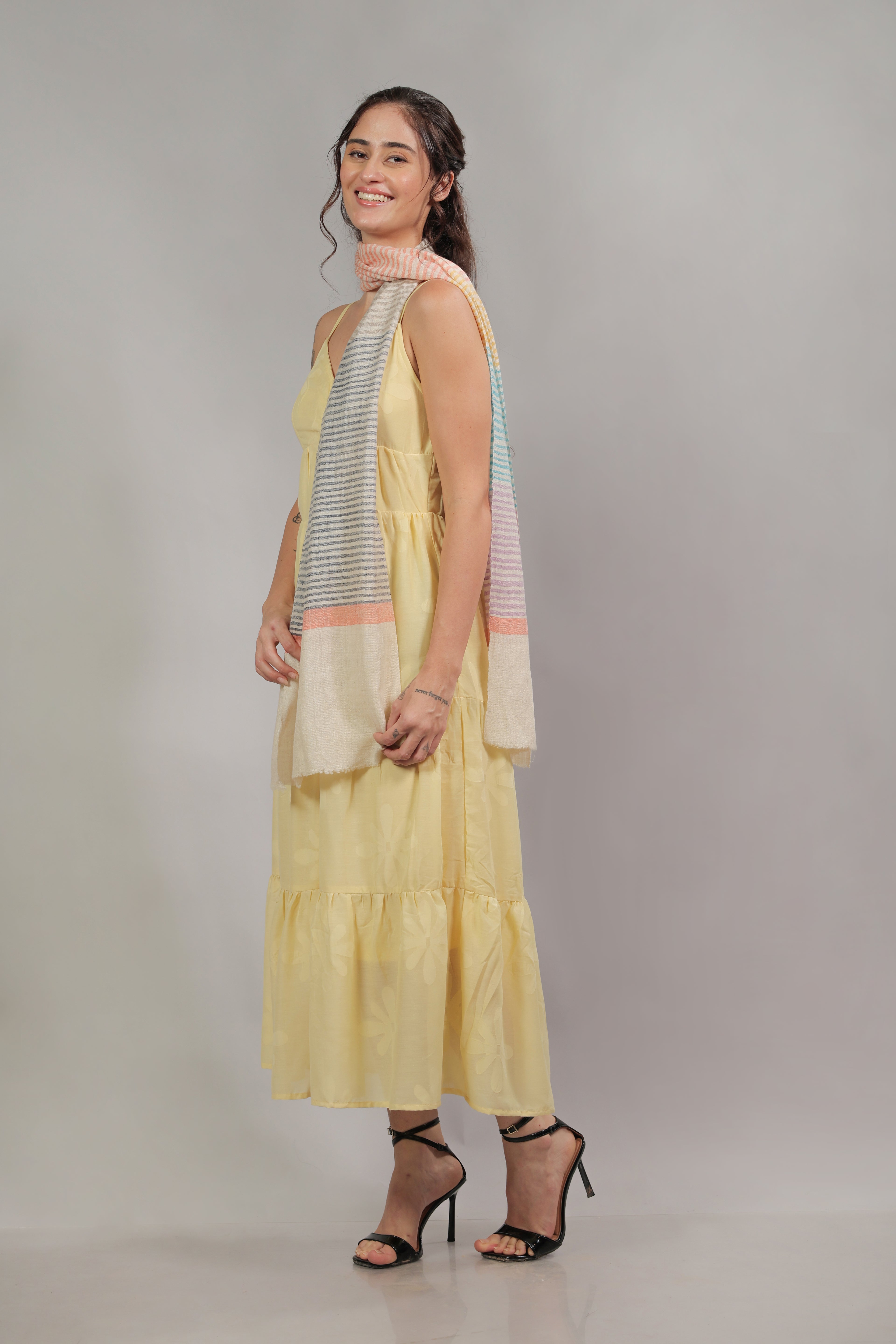 White Multicolored Striped Handspun Pashmina Muffler