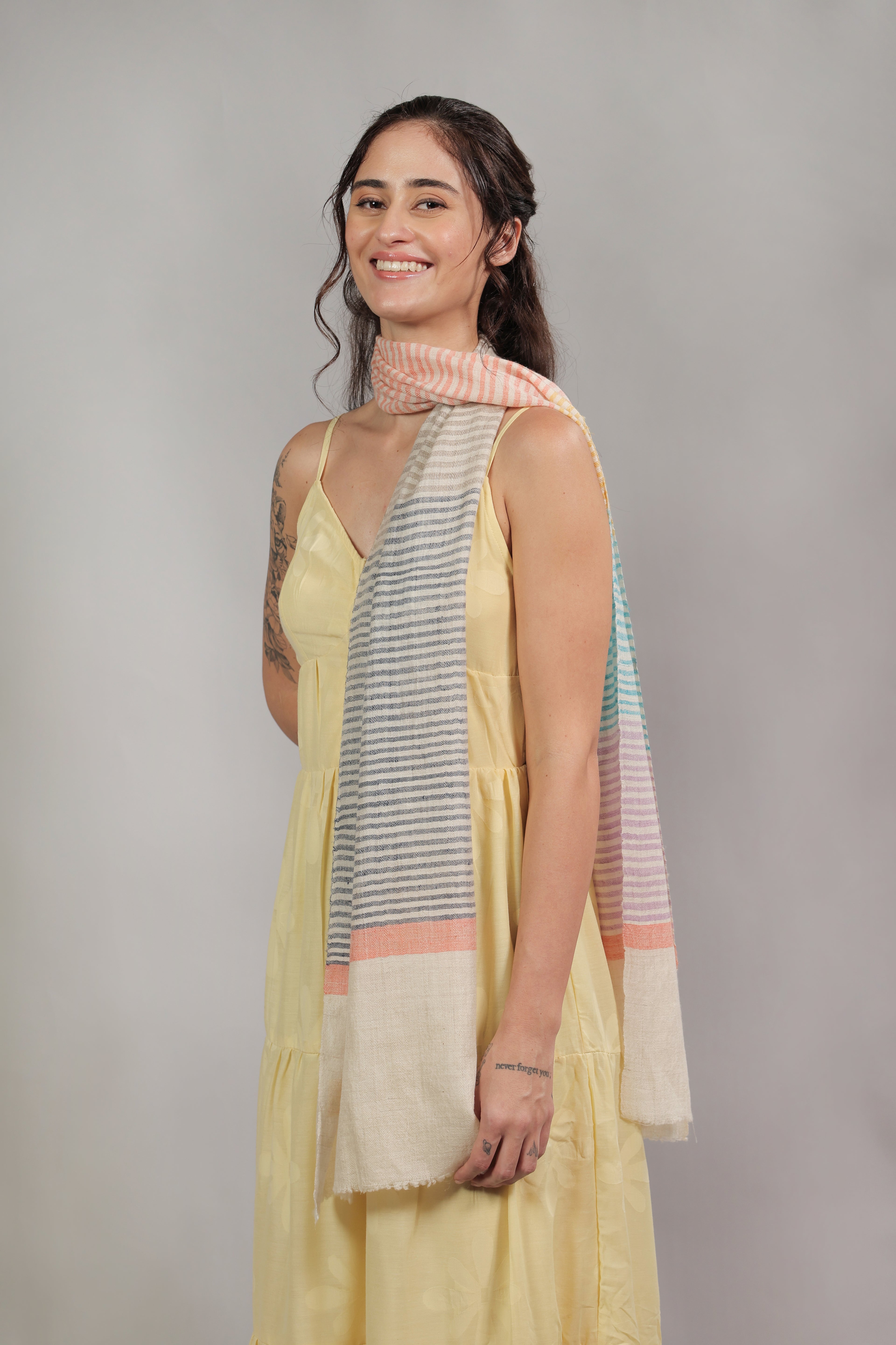 White Multicolored Striped Handspun Pashmina Muffler