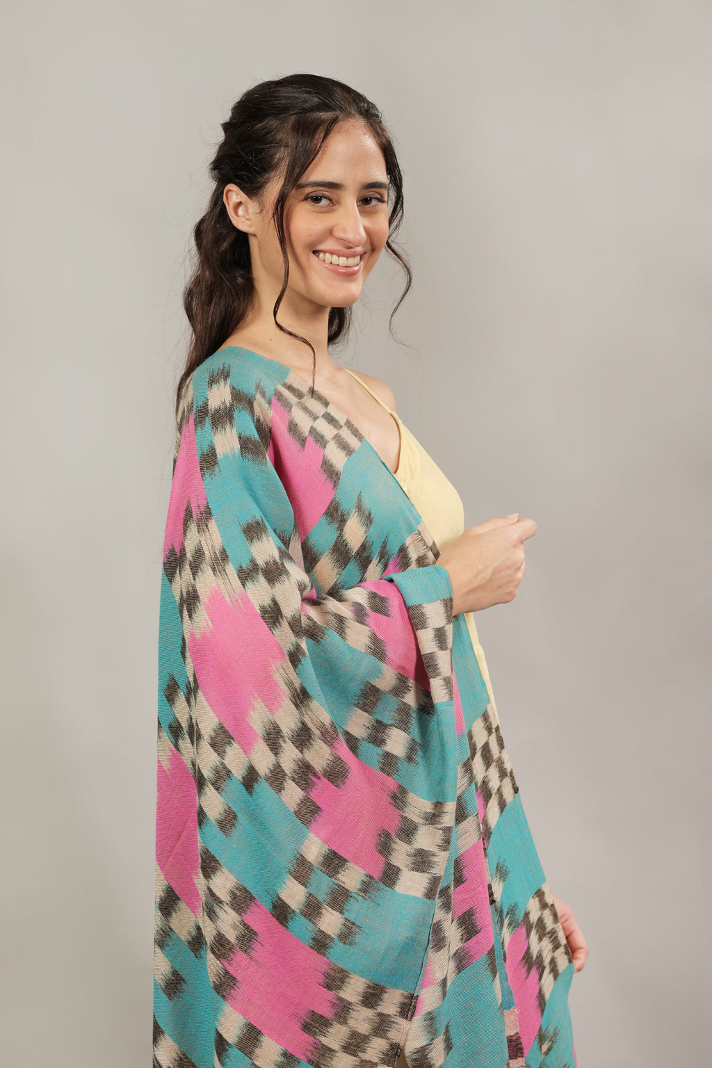 Blue & Pink Ikkat Pashmina Stole