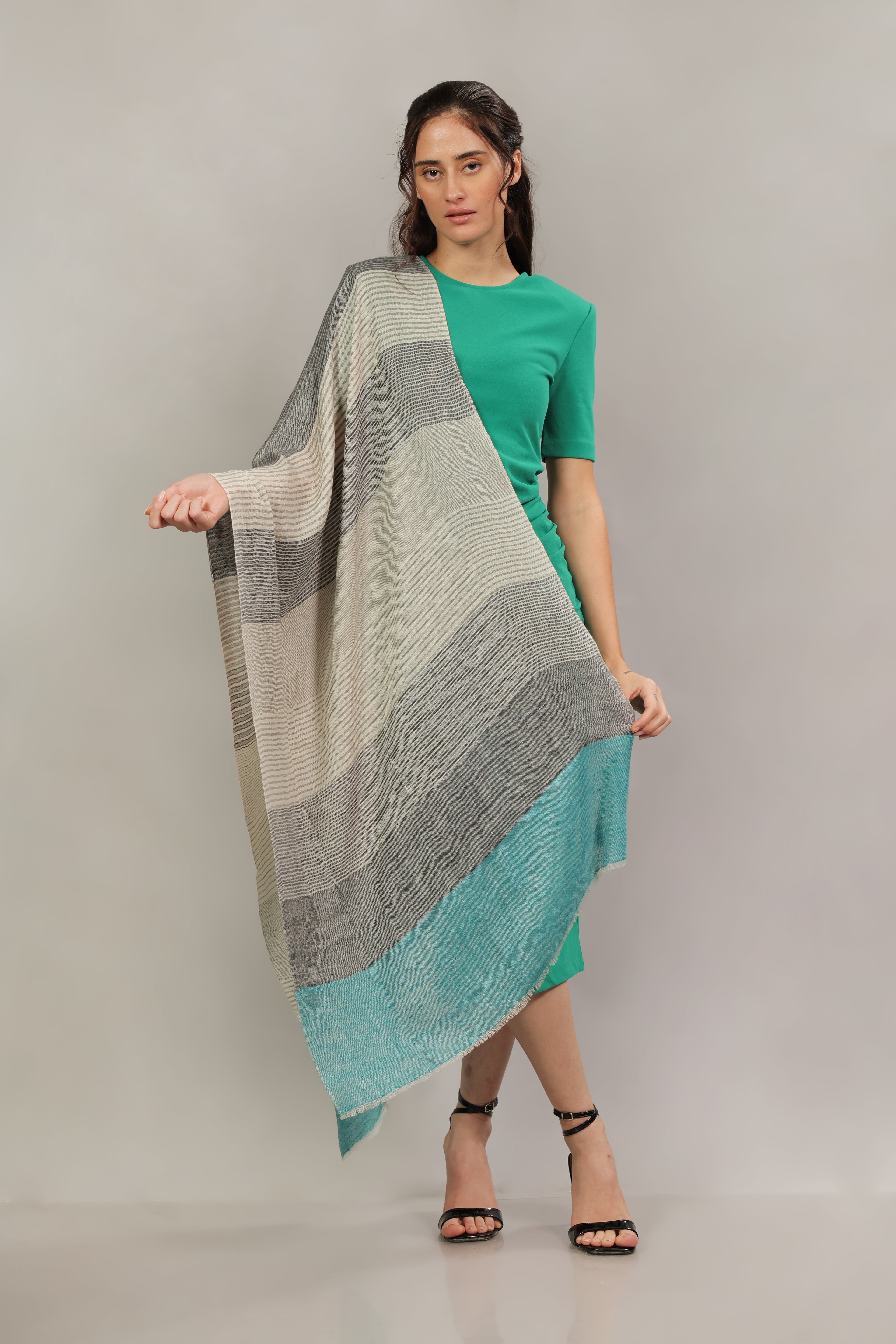 White, Grey and Blue Stripes Pashmina Wrap