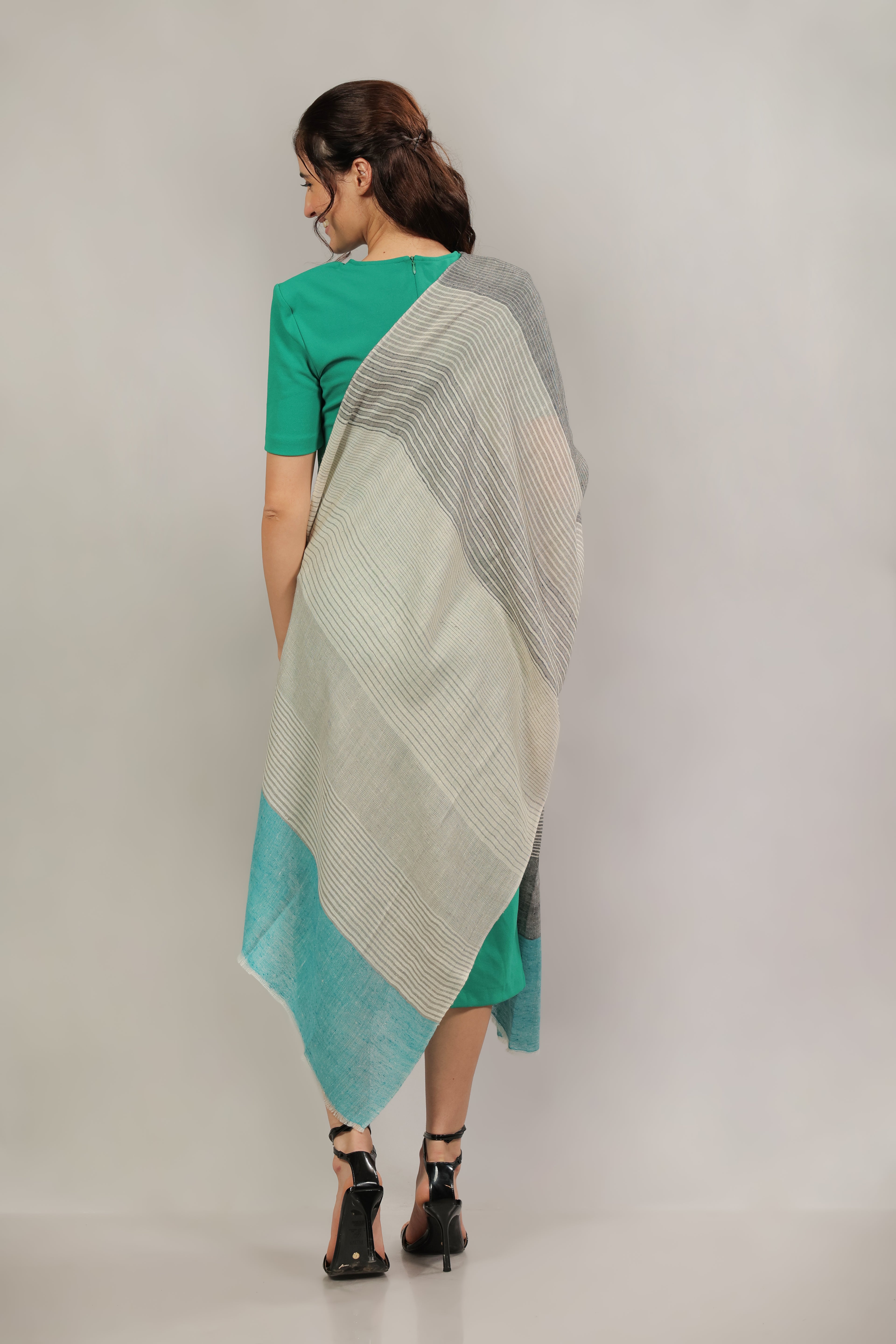 White, Grey and Blue Stripes Pashmina Wrap