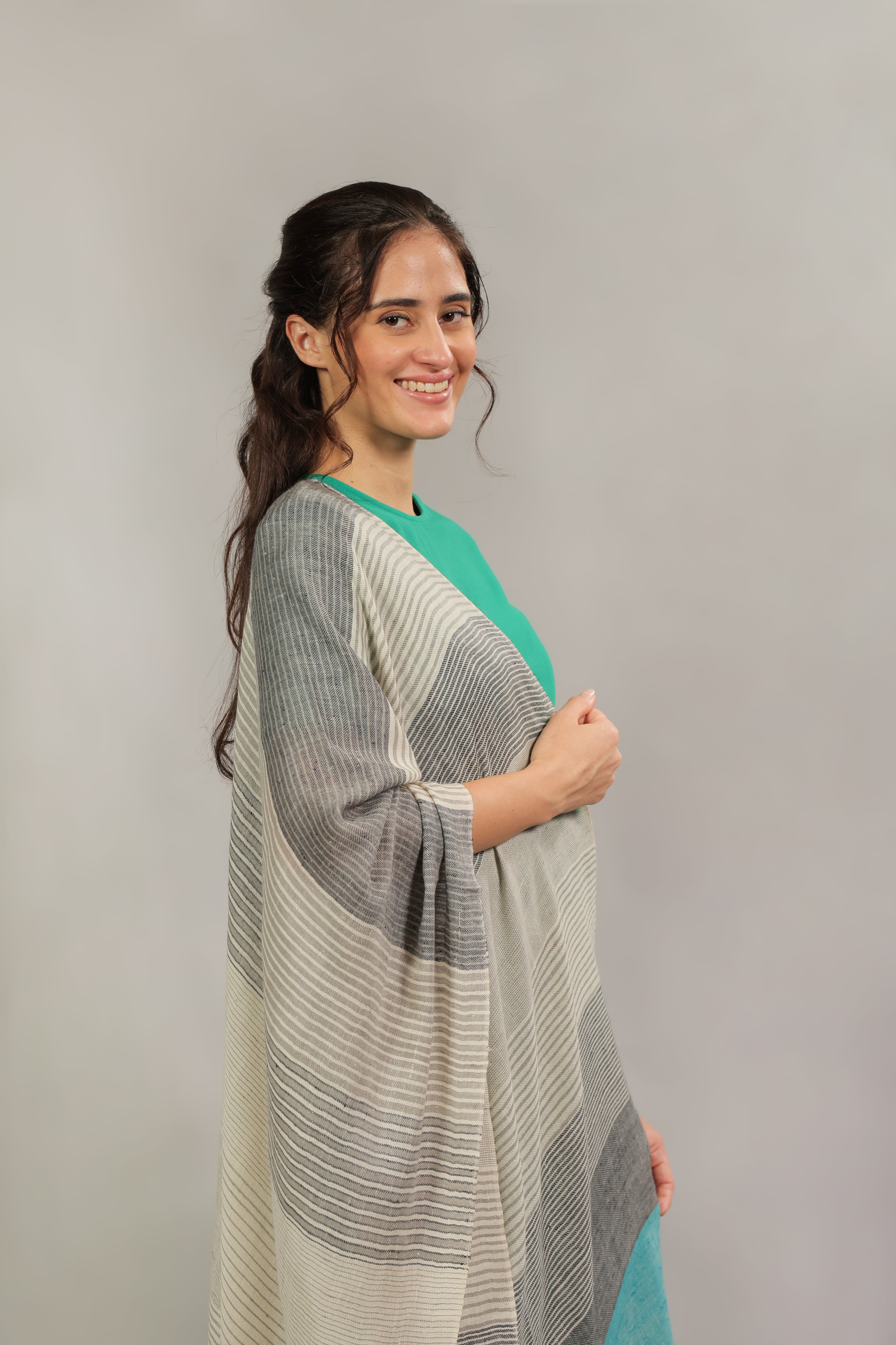 White, Grey and Blue Stripes Pashmina Wrap