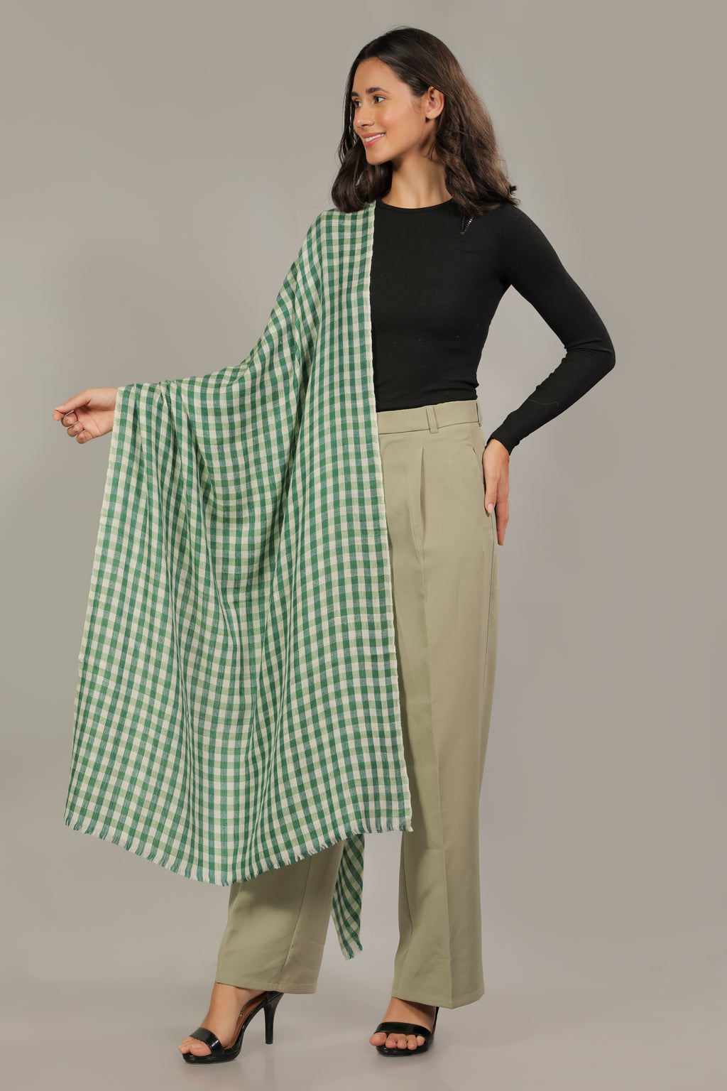 Green and White Checkered Pashmina Stole