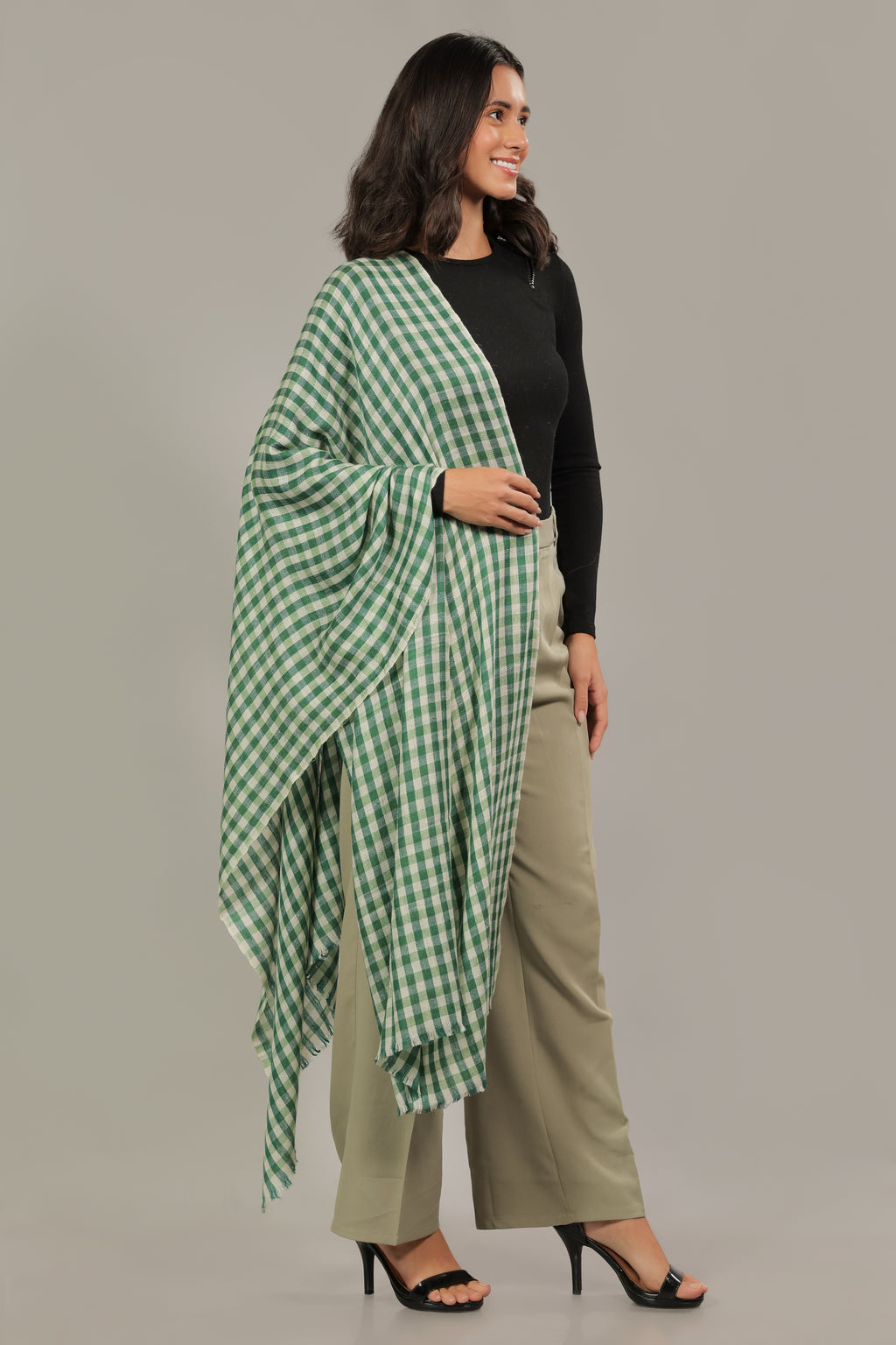 Green and White Checkered Pashmina Stole