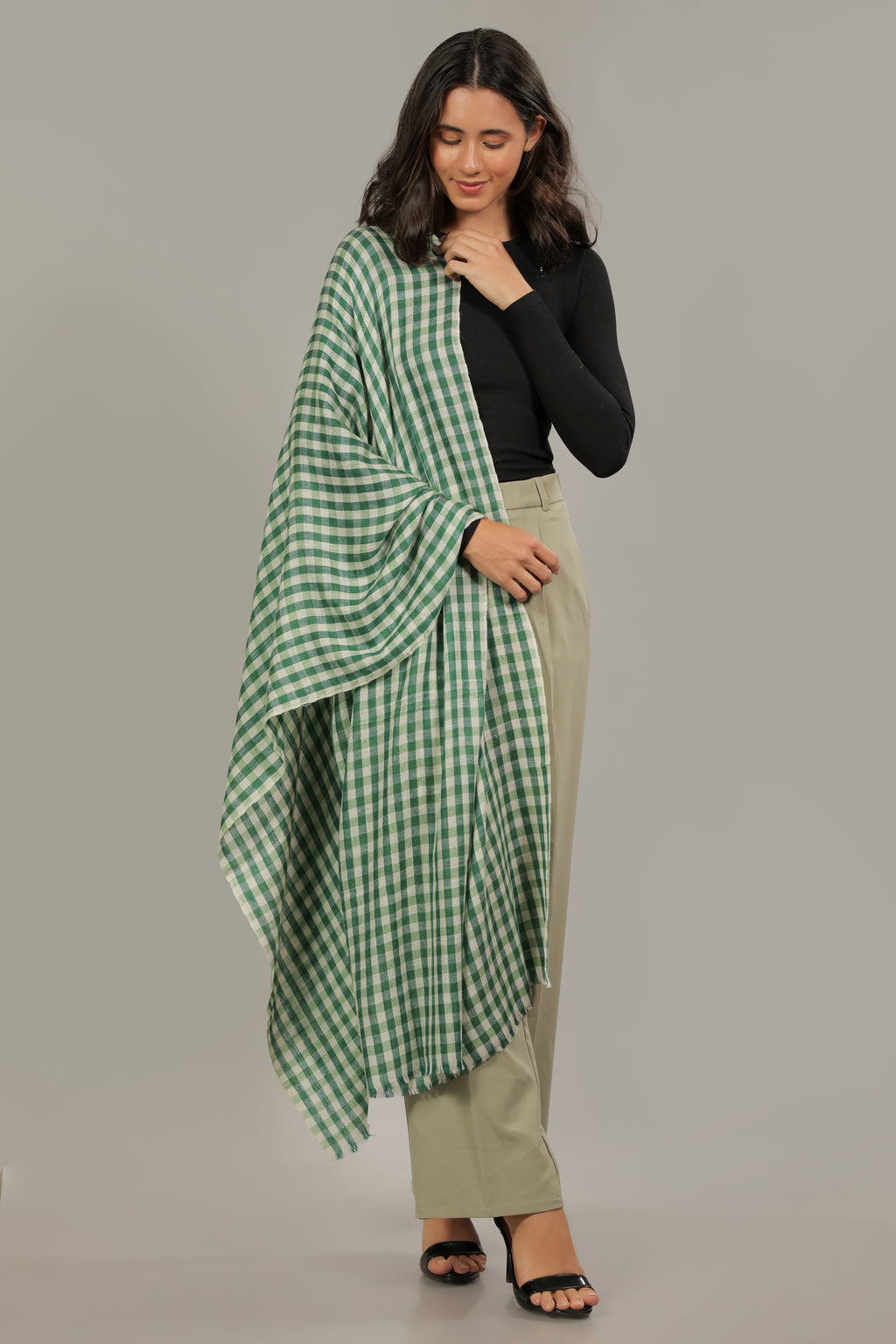 Green and White Checkered Pashmina Stole