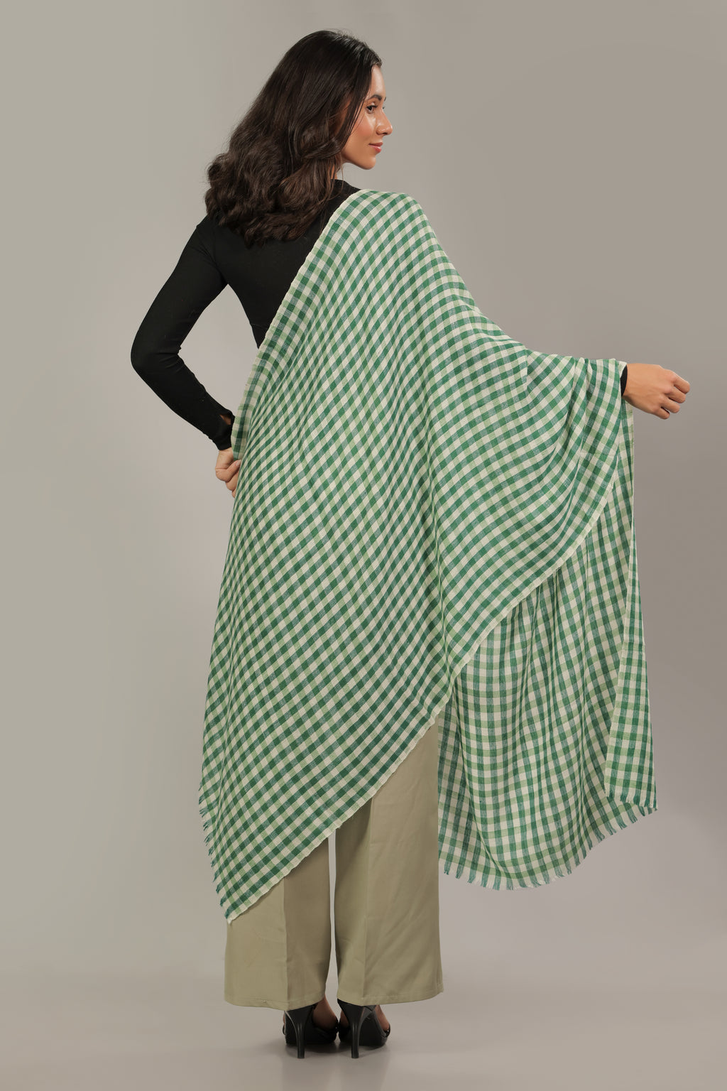 Green and White Checkered Pashmina Stole