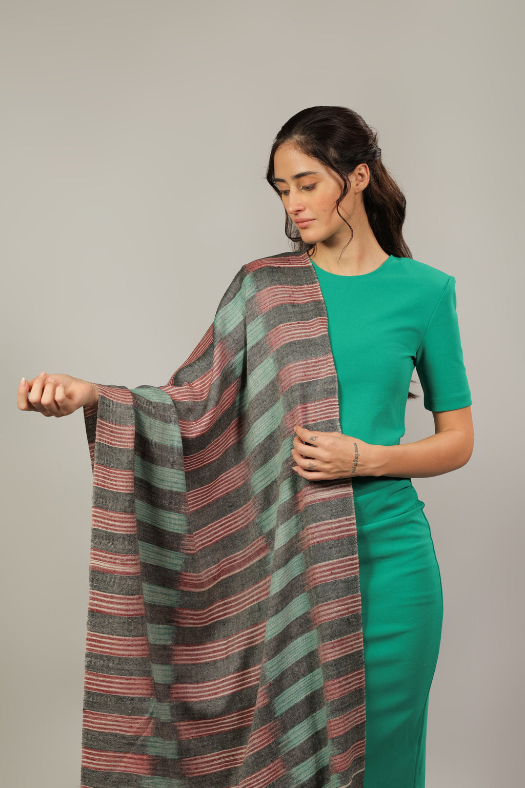 Green, Wine & Black Ikkat Pashmina Stole