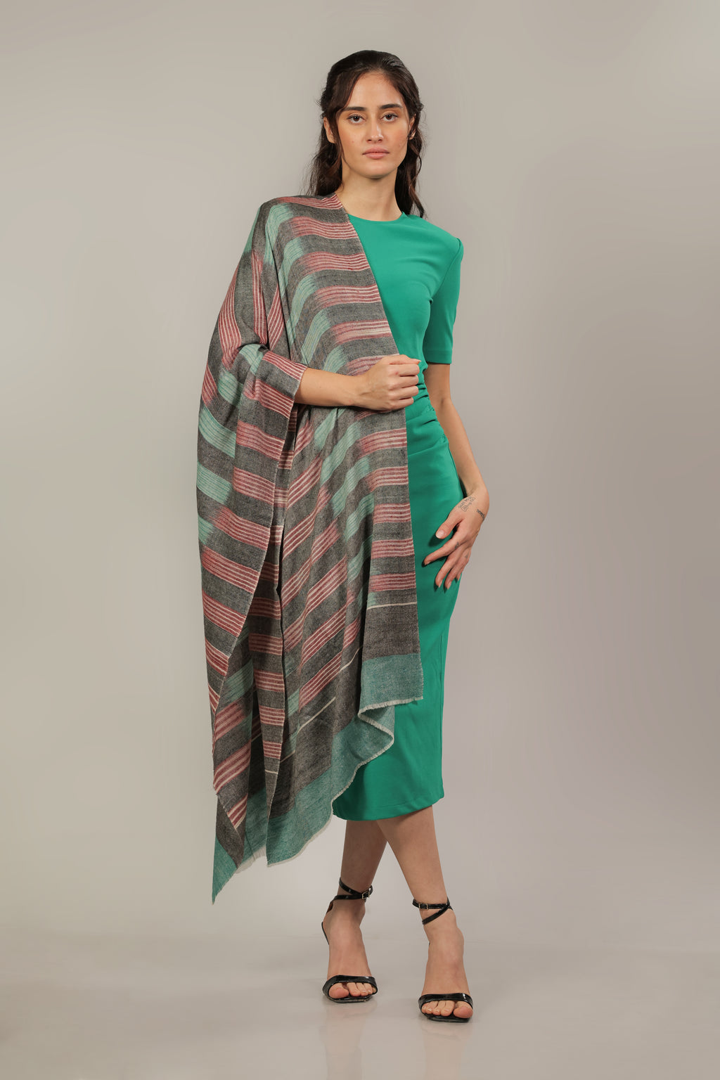 Green, Wine & Black Ikkat Pashmina Stole