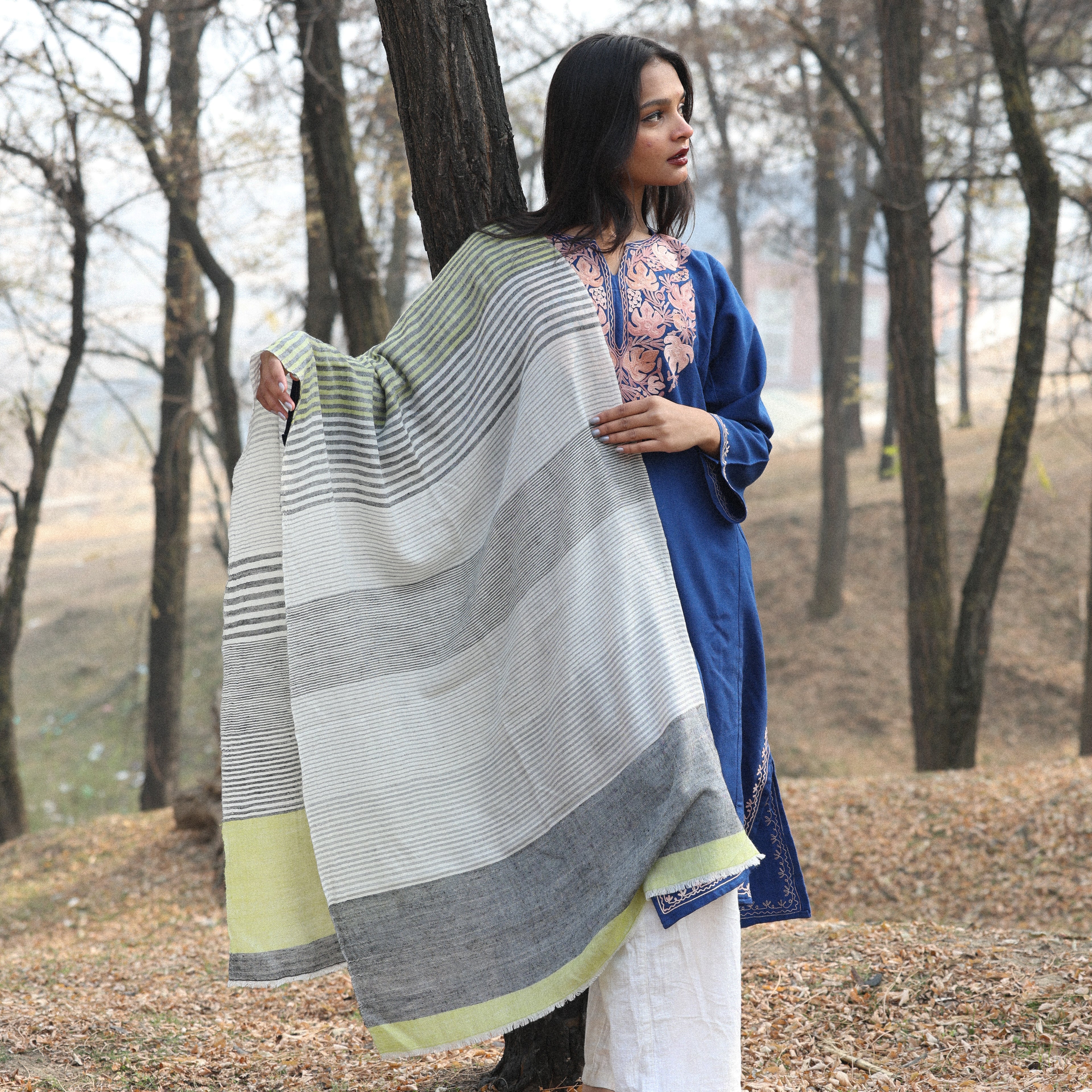 White, Grey and Green Stripes Pashmina Wrap