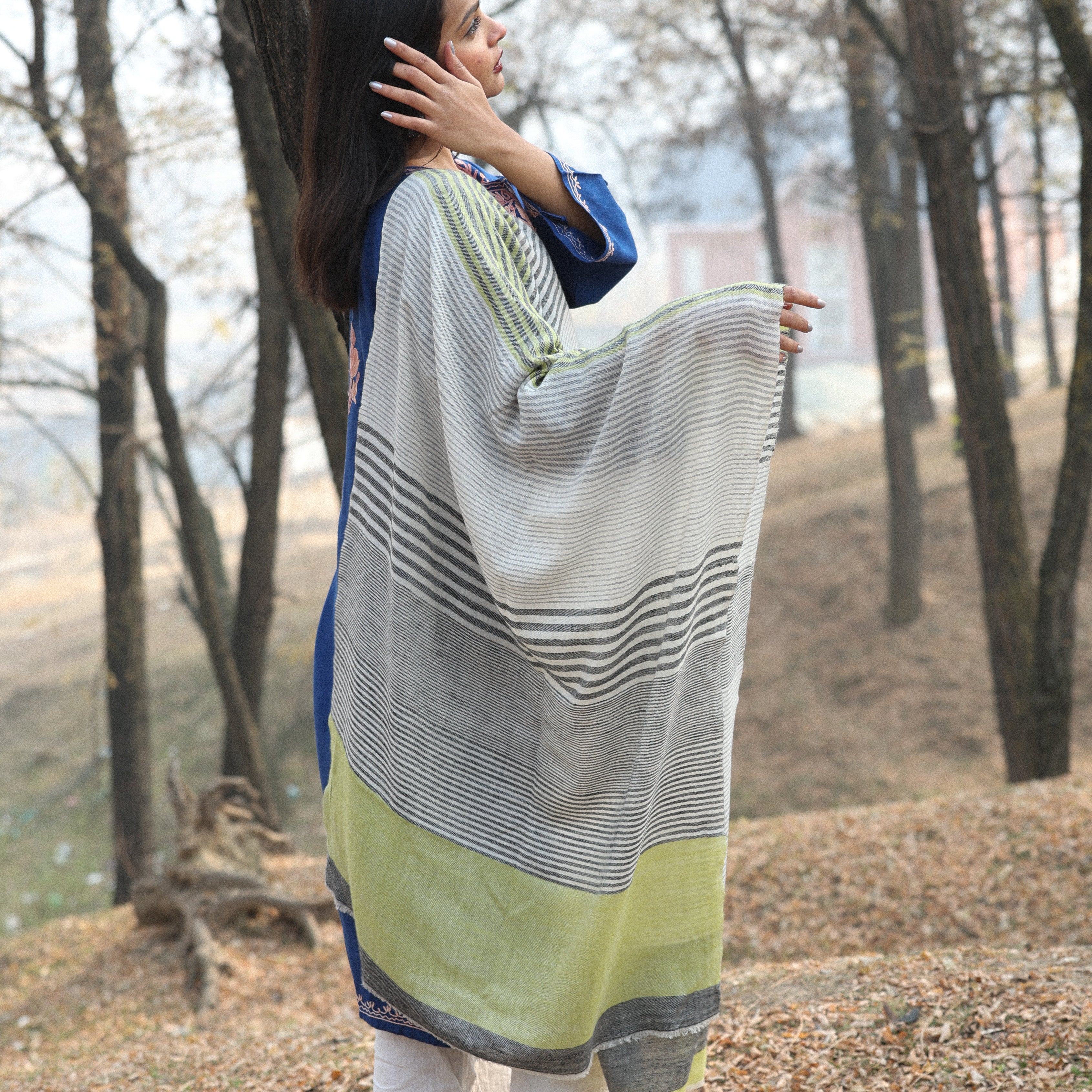White, Grey and Green Stripes Pashmina Wrap