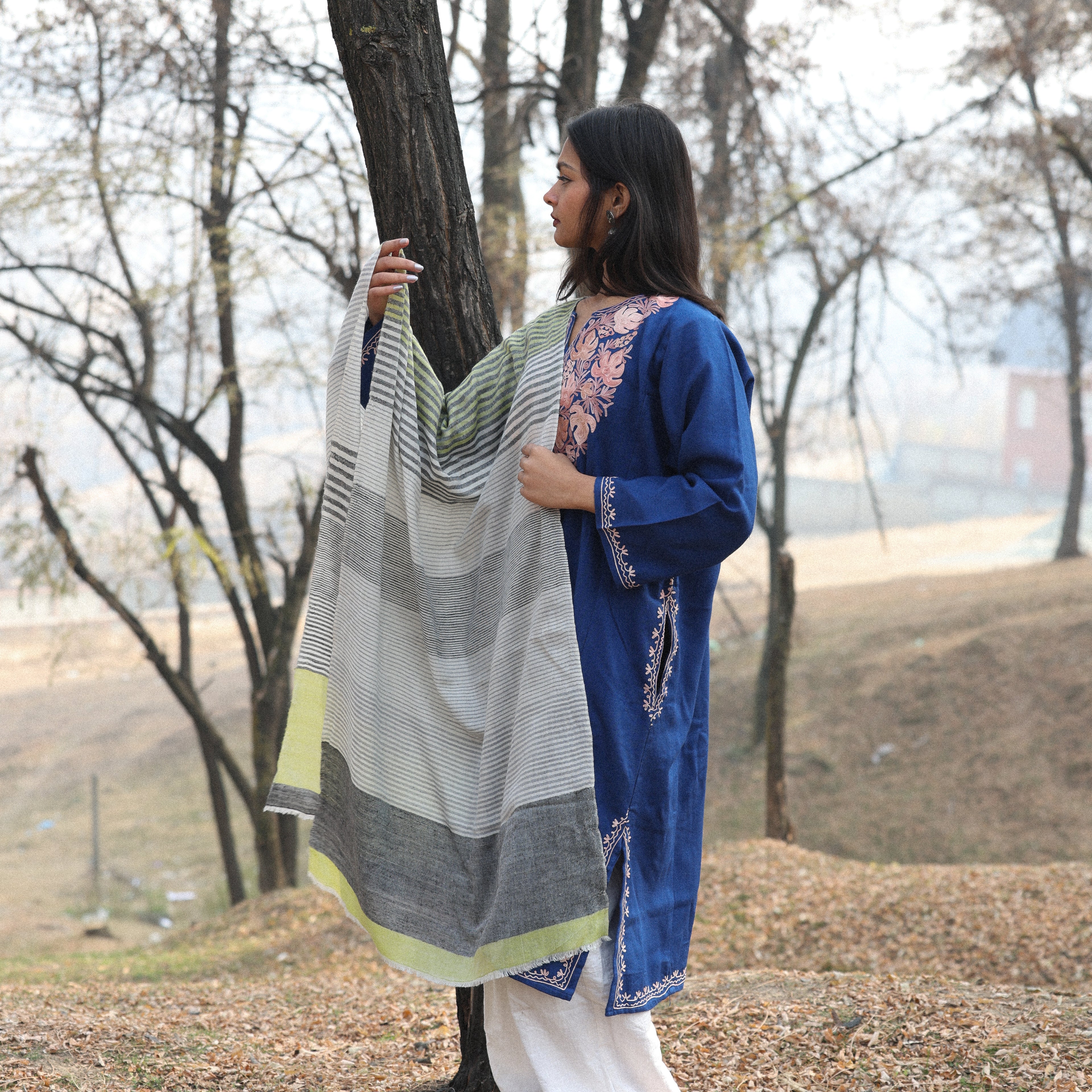 White, Grey and Green Stripes Pashmina Wrap