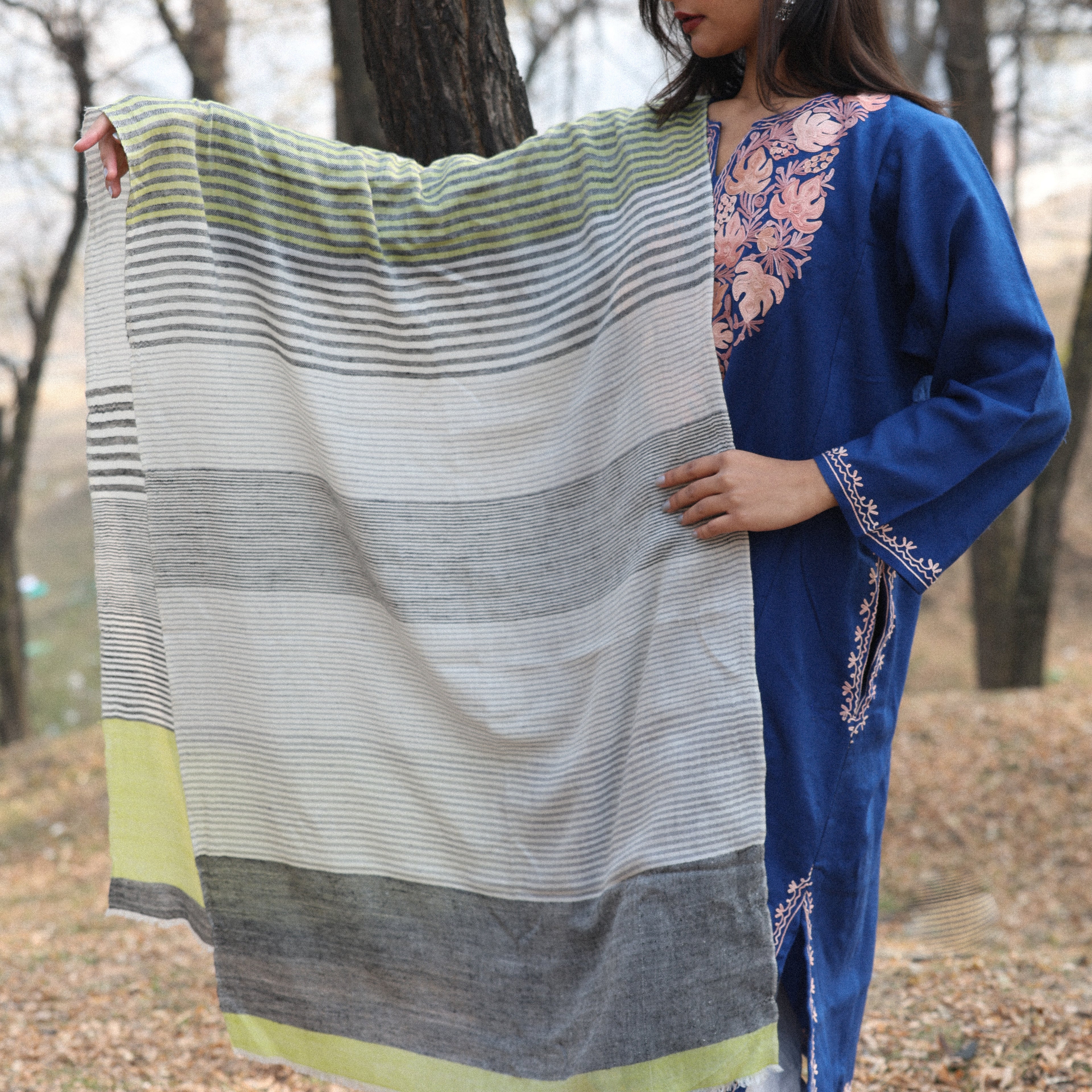 White, Grey and Green Stripes Pashmina Wrap