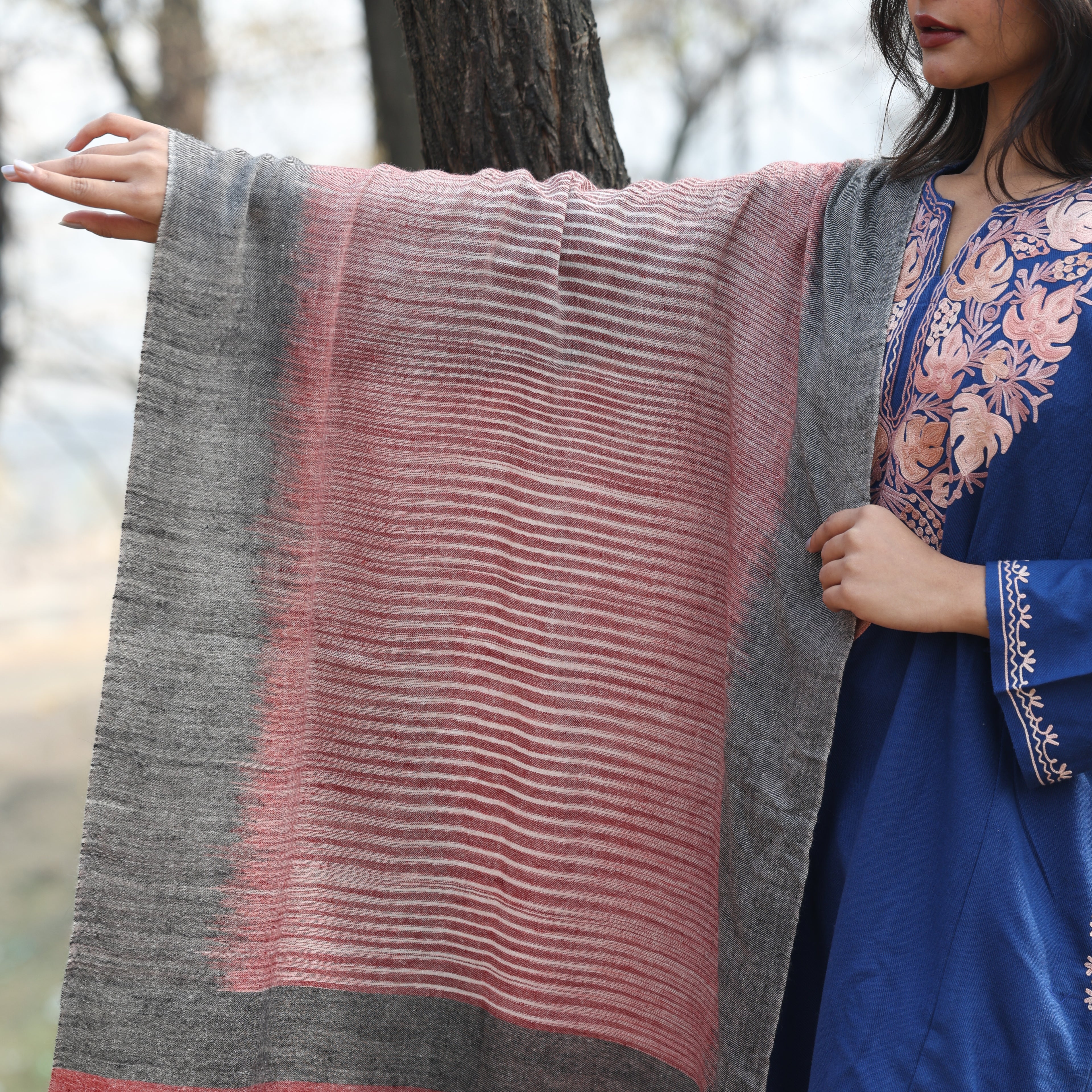 Wine & Black Ikkat Pashmina Wrap