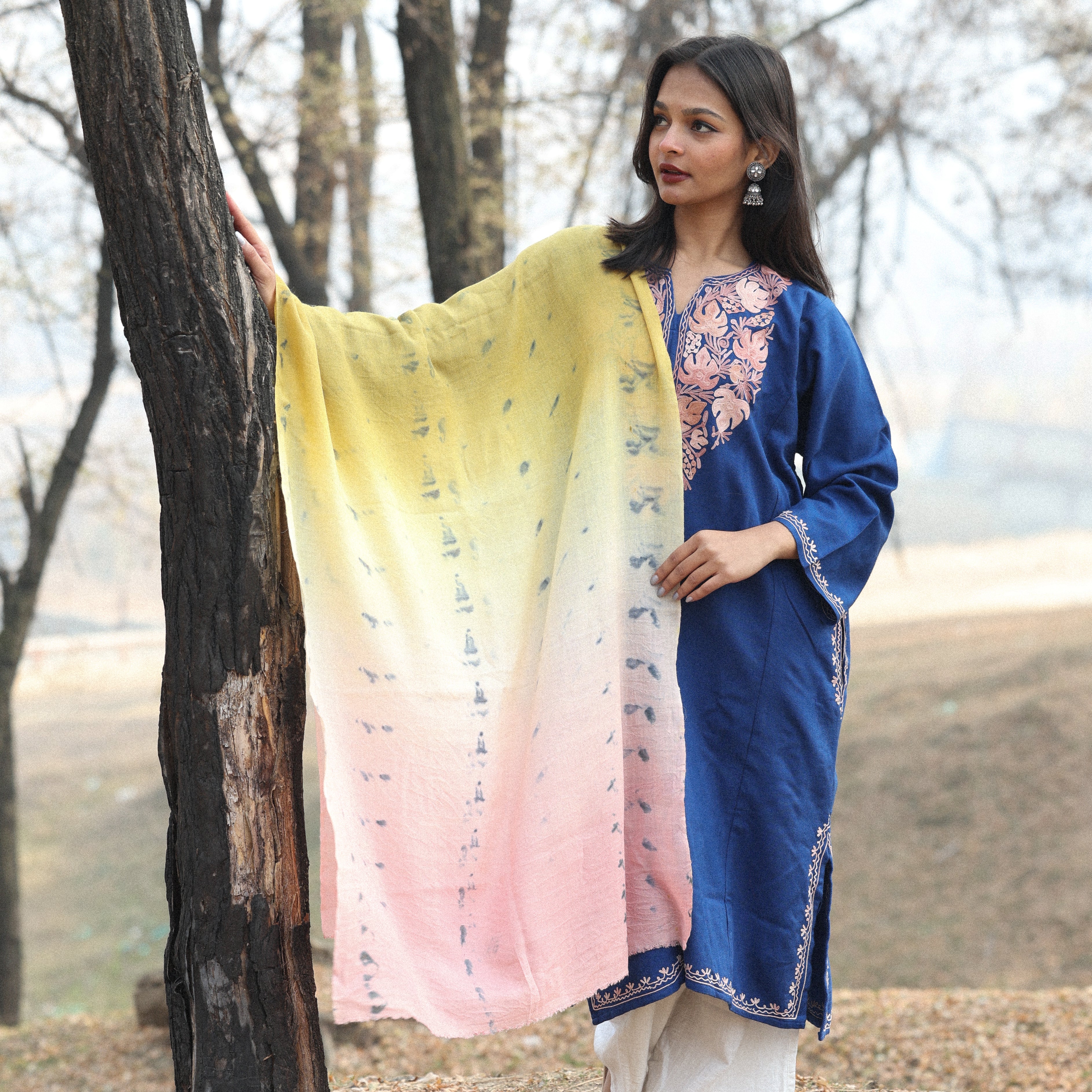 Pink Yellow and White Ombre Organic Flower Dyed Pashmina Wrap