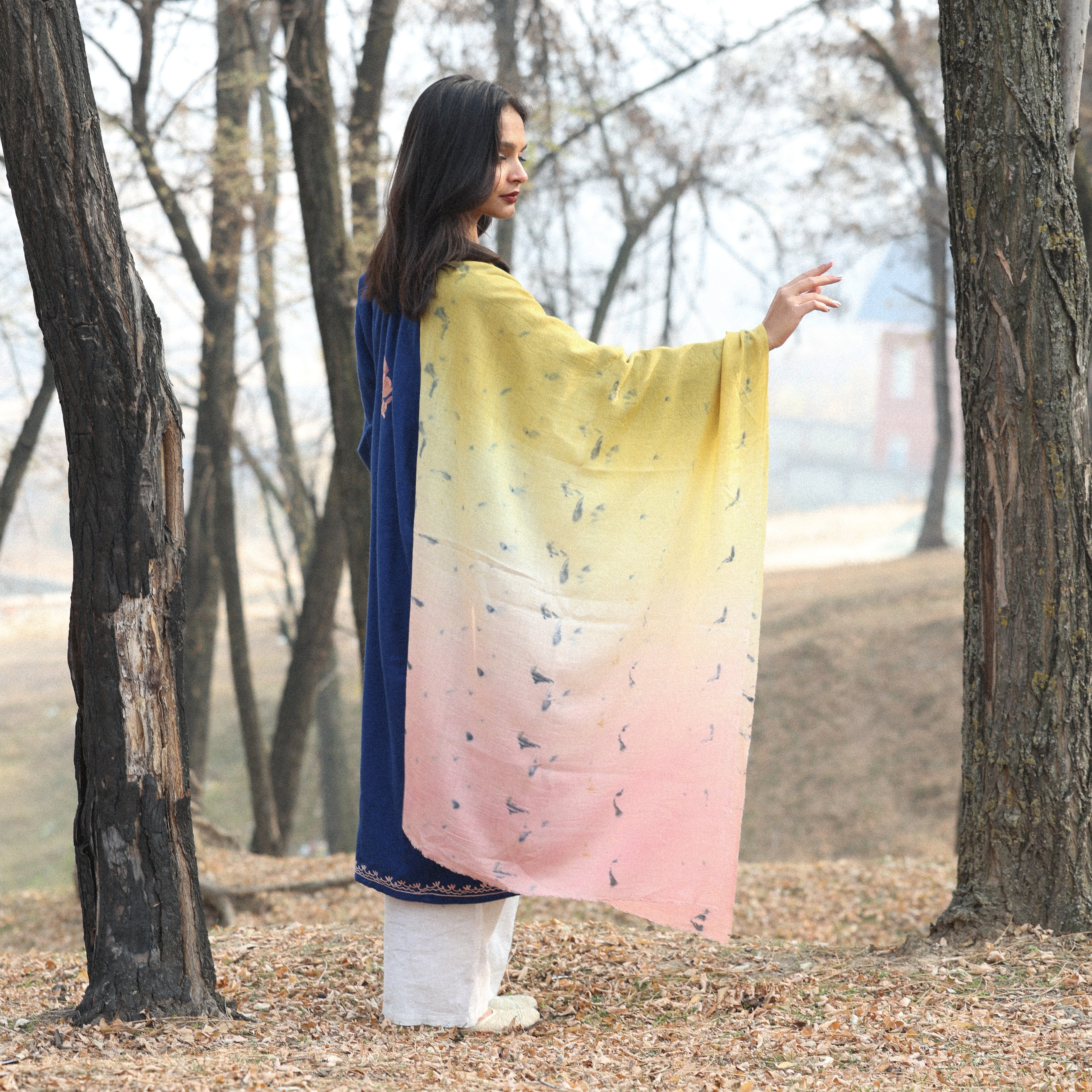 Pink Yellow and White Ombre Organic Flower Dyed Pashmina Wrap