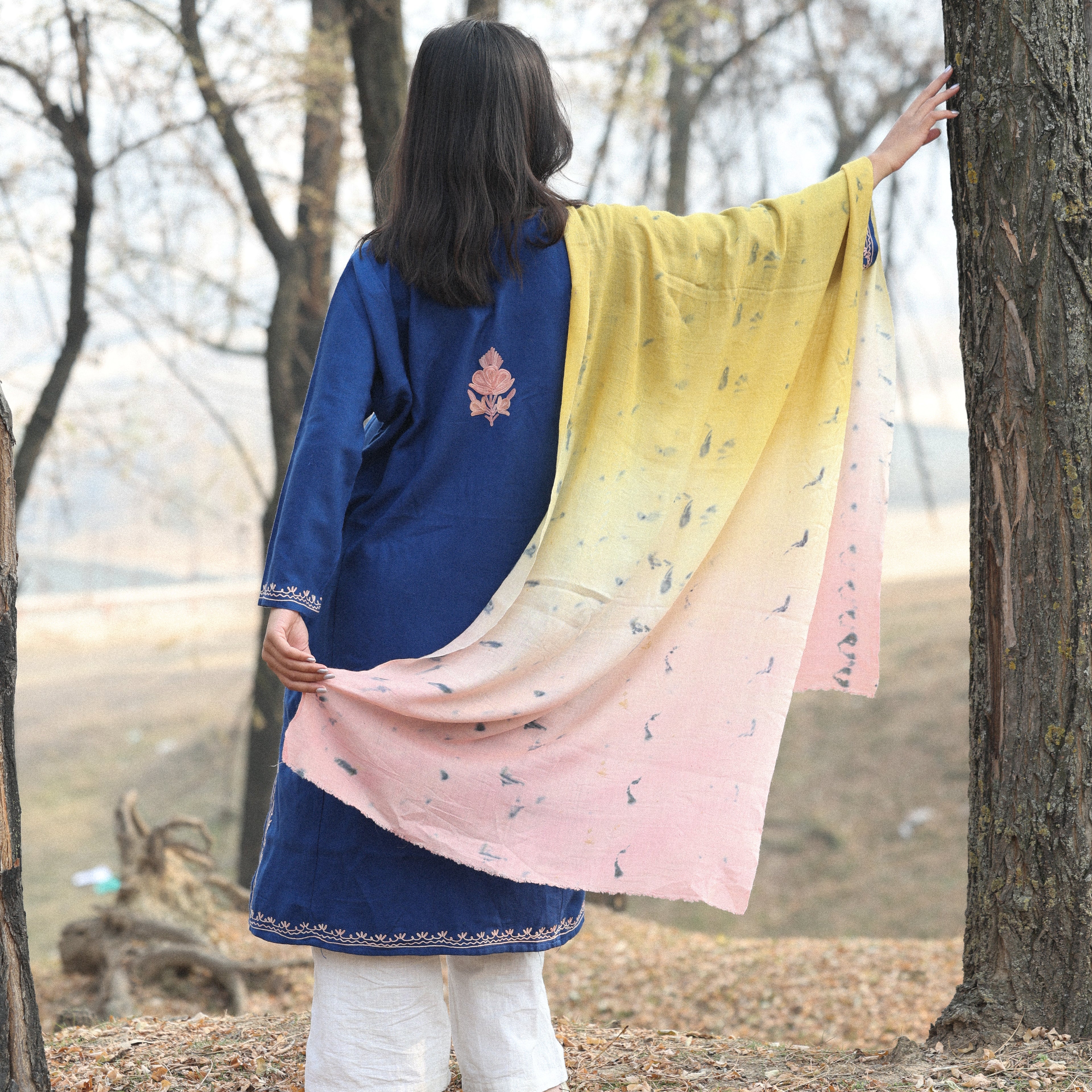 Pink Yellow and White Ombre Organic Flower Dyed Pashmina Wrap