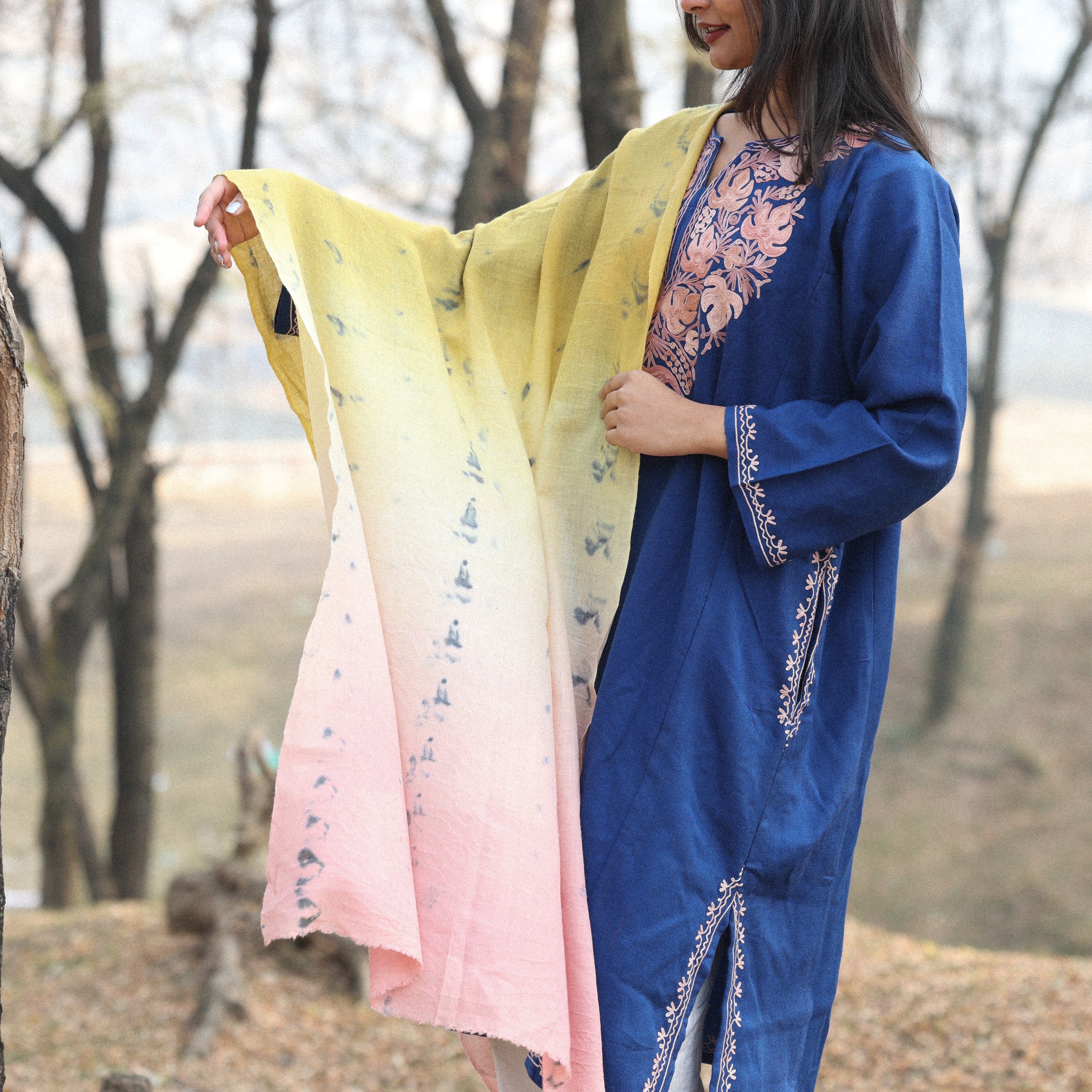 Pink Yellow and White Ombre Organic Flower Dyed Pashmina Wrap