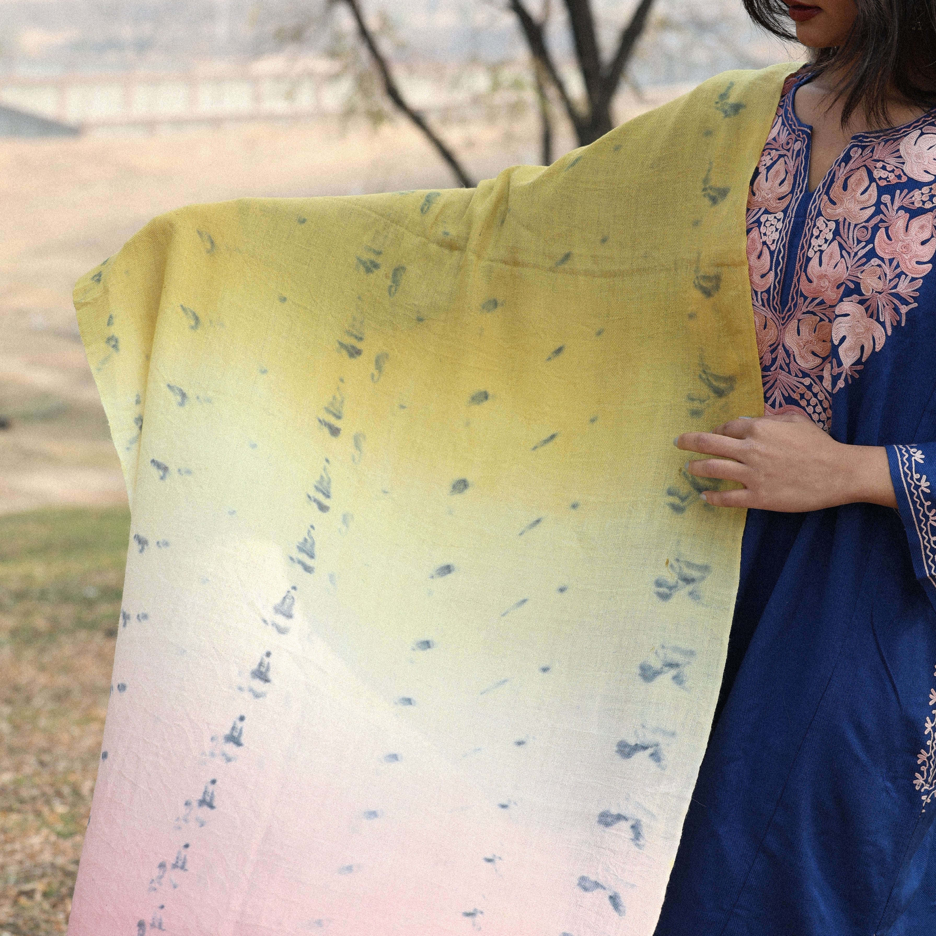 Pink Yellow and White Ombre Organic Flower Dyed Pashmina Wrap