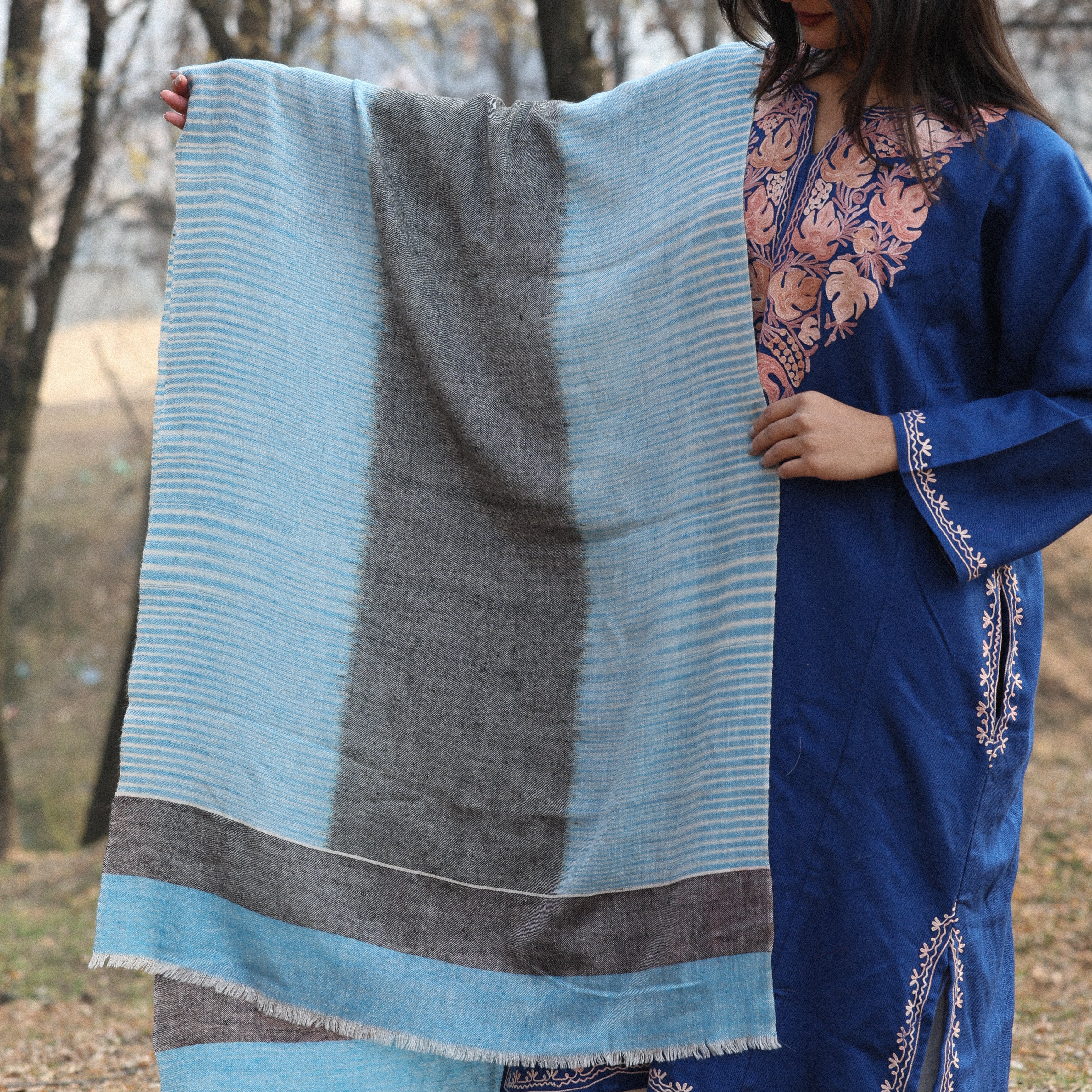 Blue & Black Ikkat Pashmina Wrap