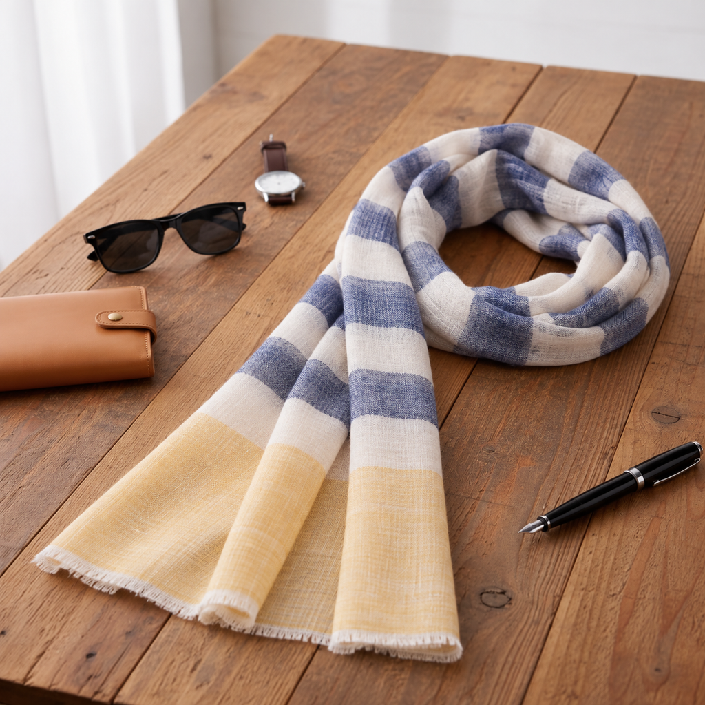 White Blue and Yellow Stripes Pashmina for Men
