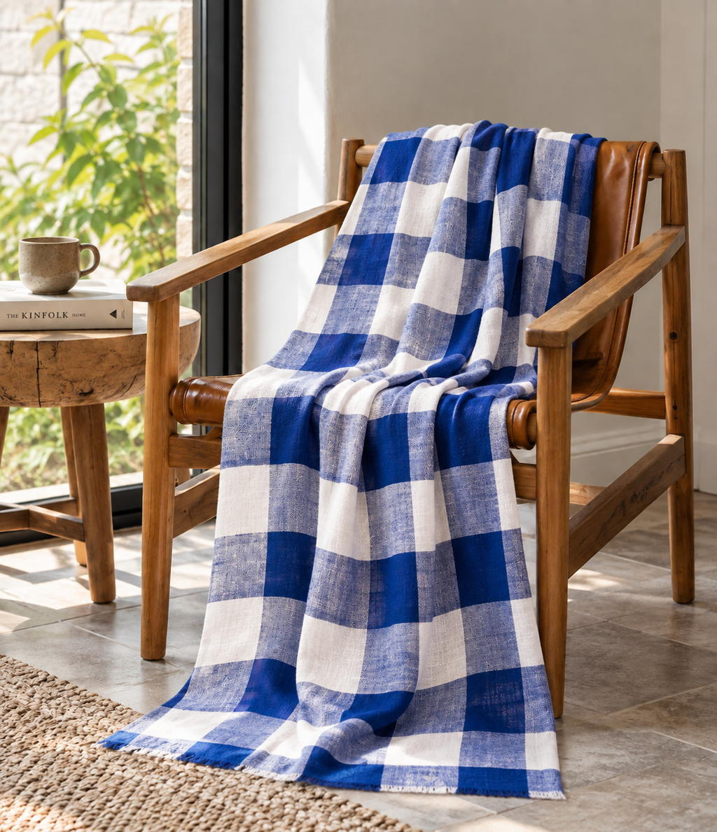 Blue and White Checkered Pashmina Scarf