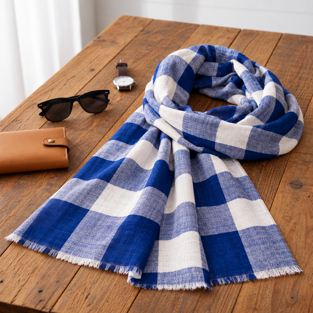 Blue and White Checkered Pashmina Scarf
