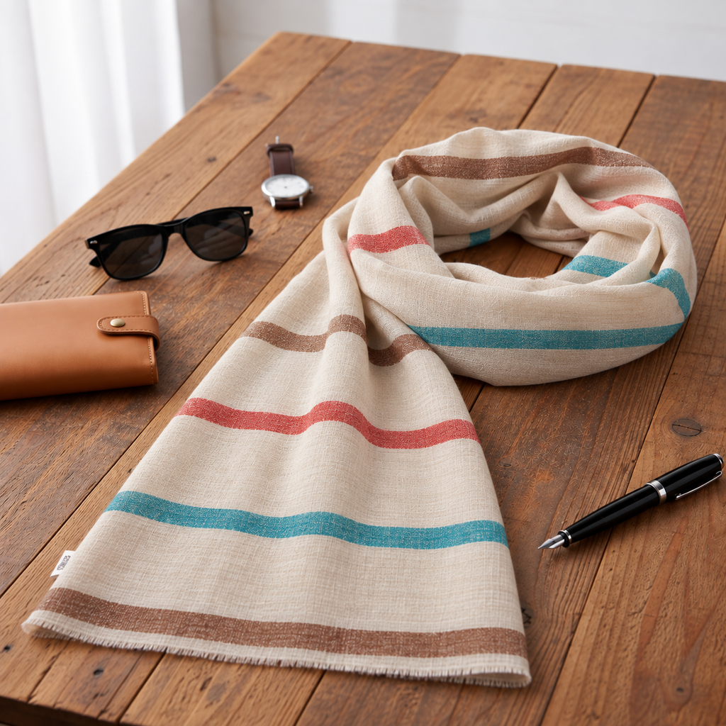 Ivory Striped Handspun Pashmina Scarf