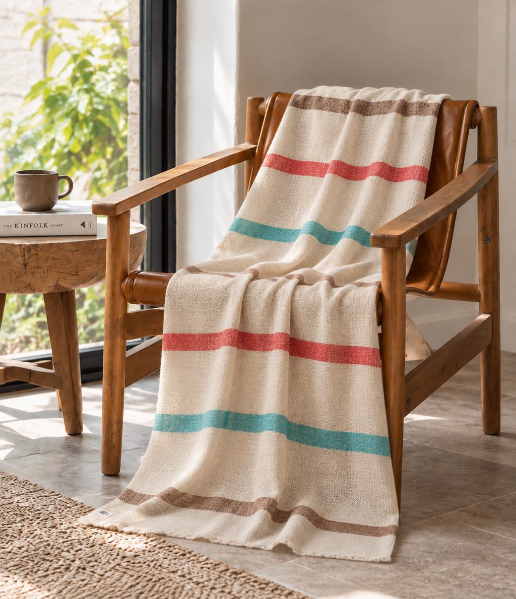 Ivory Striped Handspun Pashmina Scarf