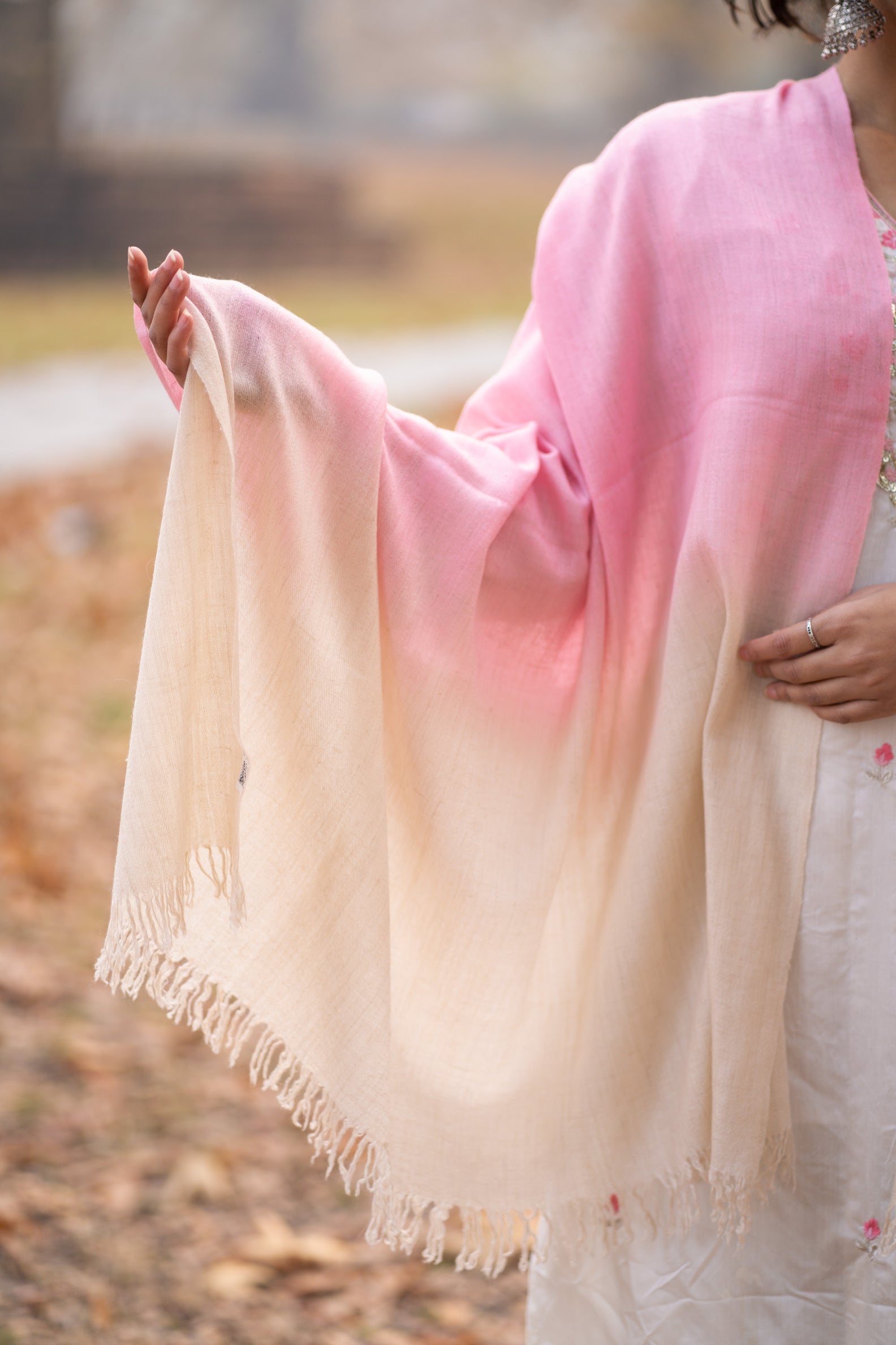 Ivory and Pink Ombre Handspun Pashmina Shawl