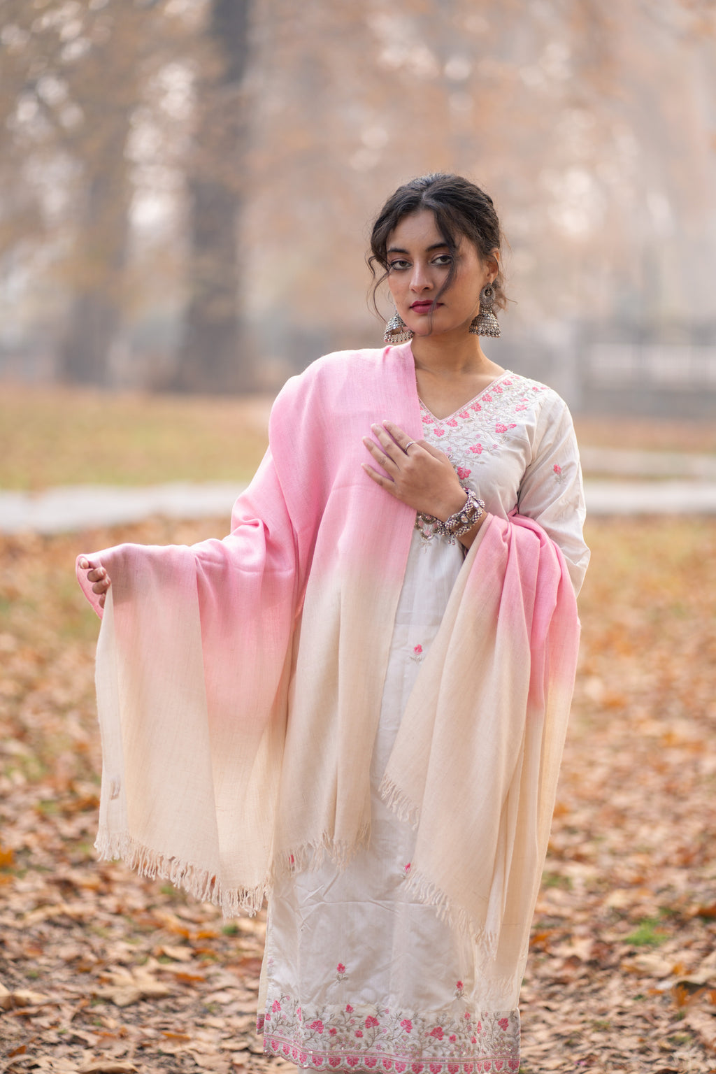 Ivory and Pink Ombre Handspun Pashmina Shawl