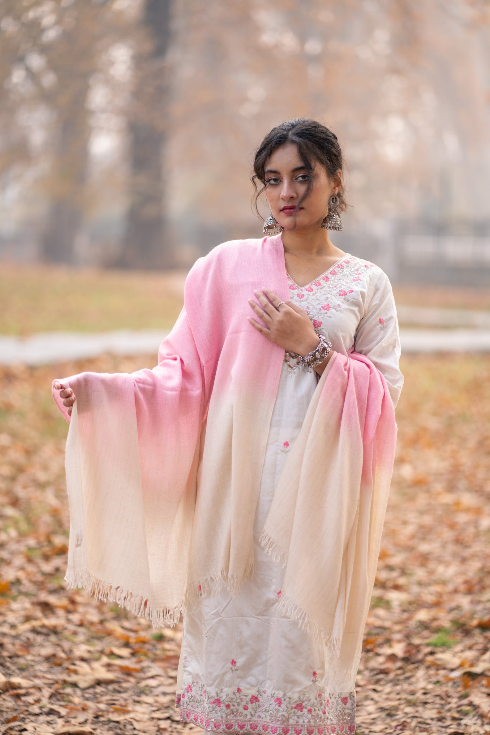 Ivory and Pink Ombre Handspun Pashmina Shawl