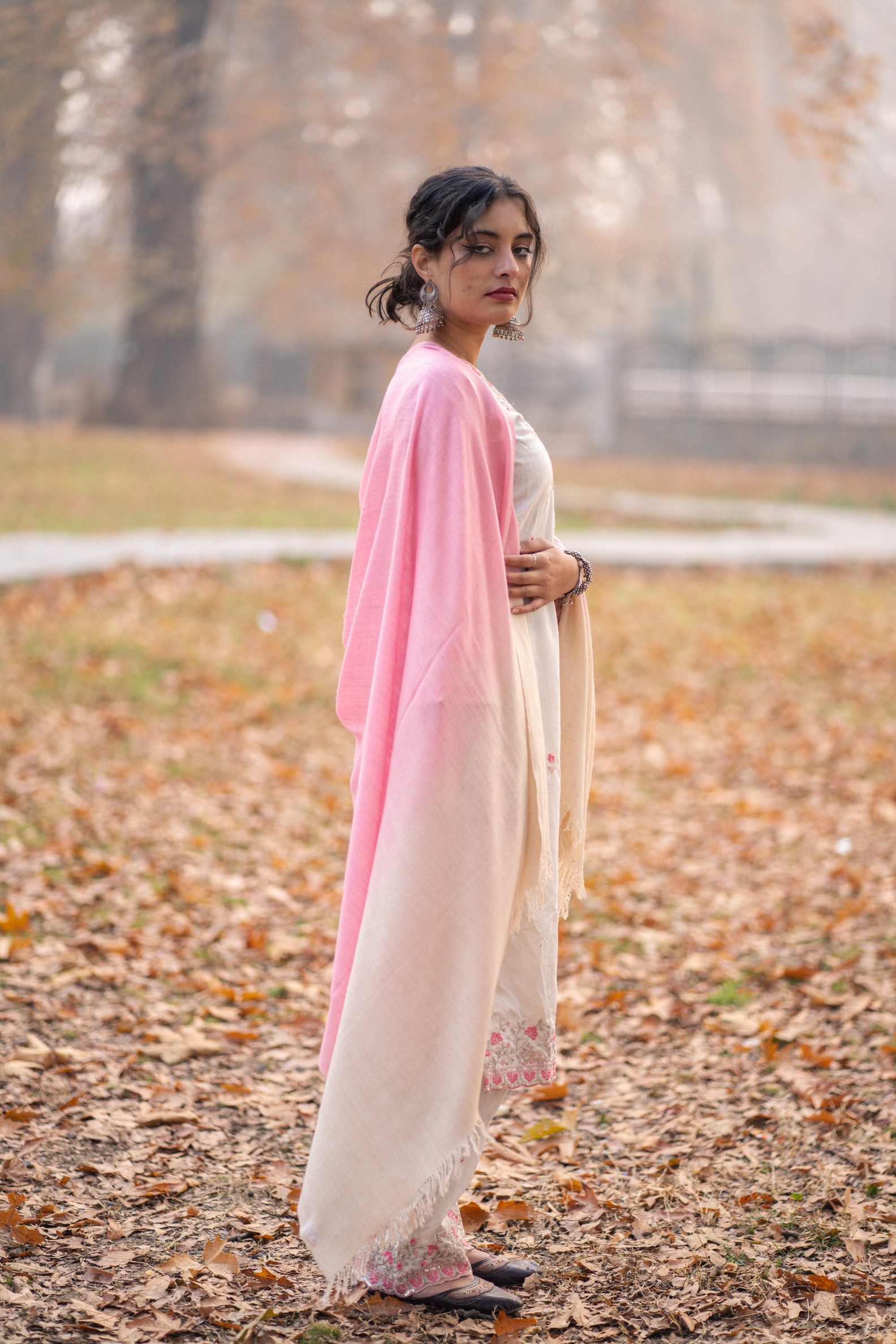 Ivory and Pink Ombre Handspun Pashmina Shawl