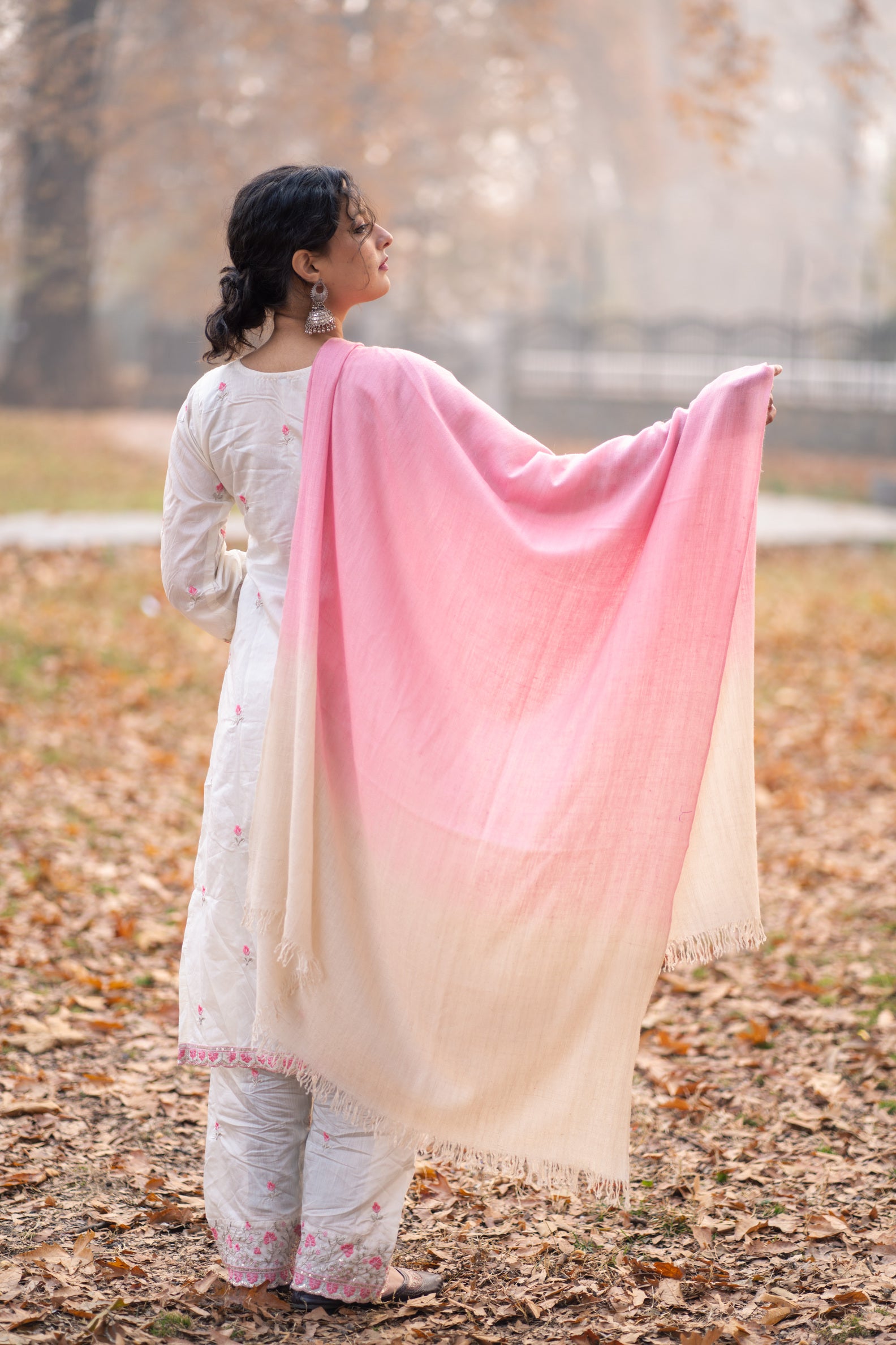 Ivory and Pink Ombre Handspun Pashmina Shawl