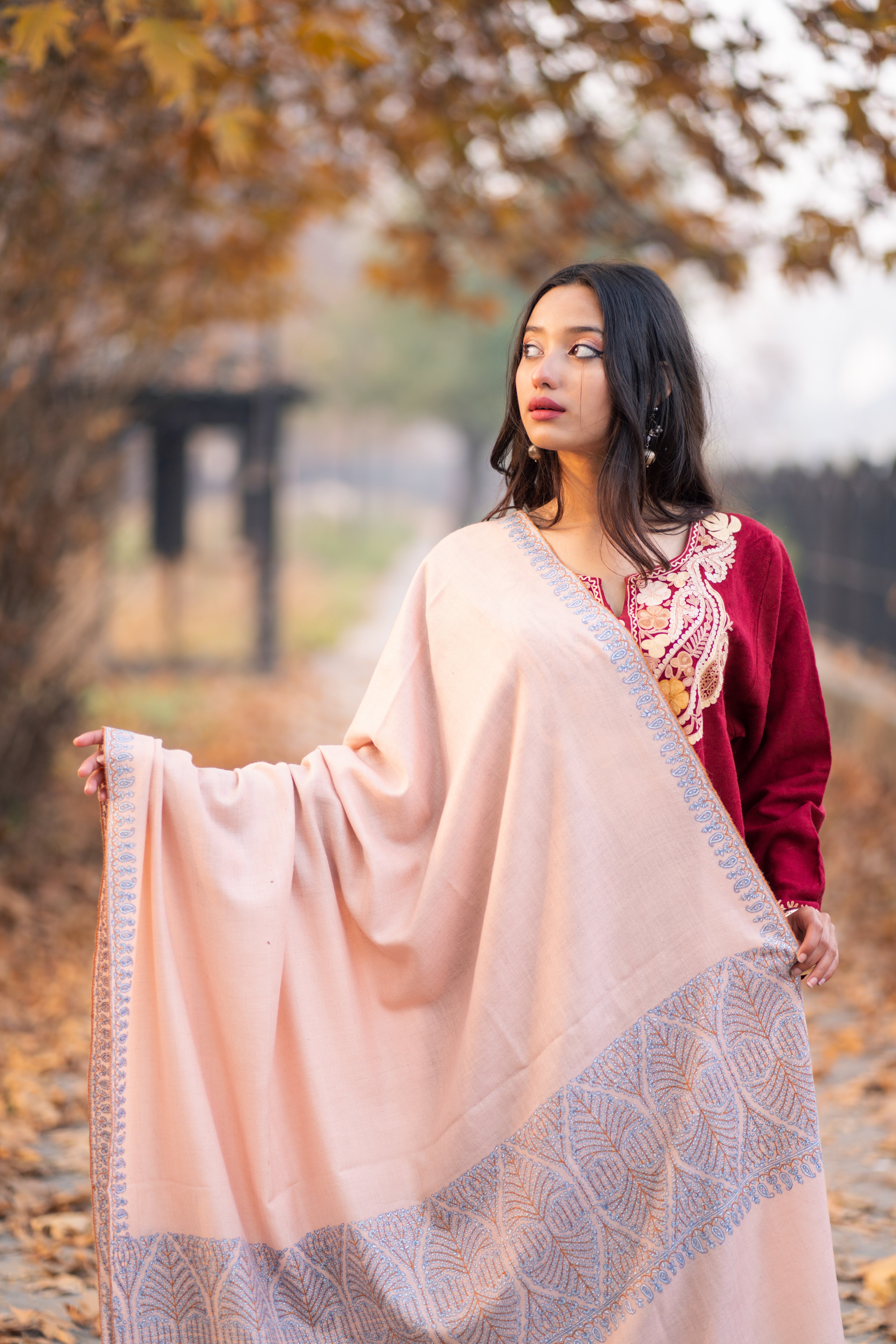 Peach Sozni Hand Embroidered Palla Pashmina Shawl
