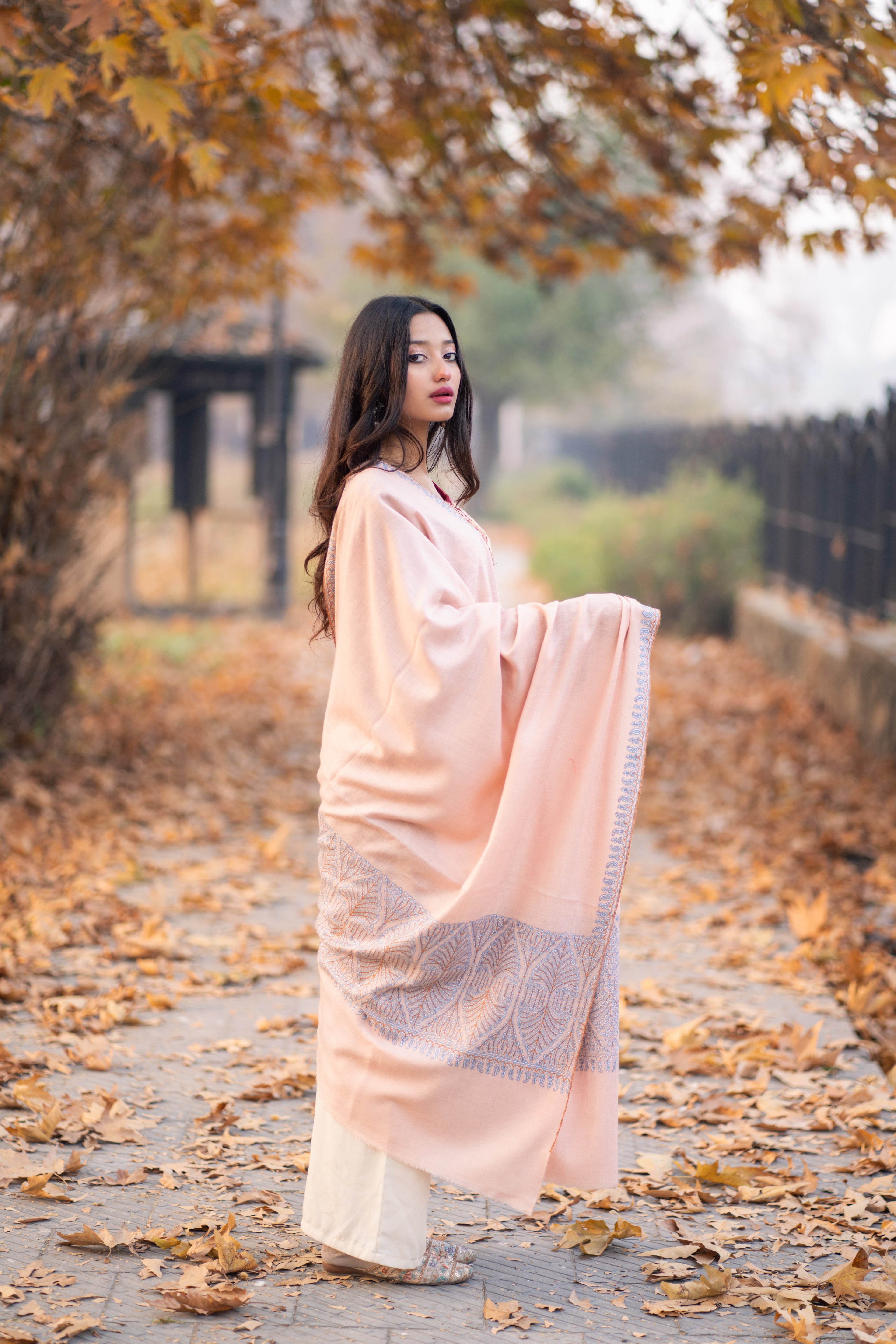 Peach Sozni Hand Embroidered Palla Pashmina Shawl