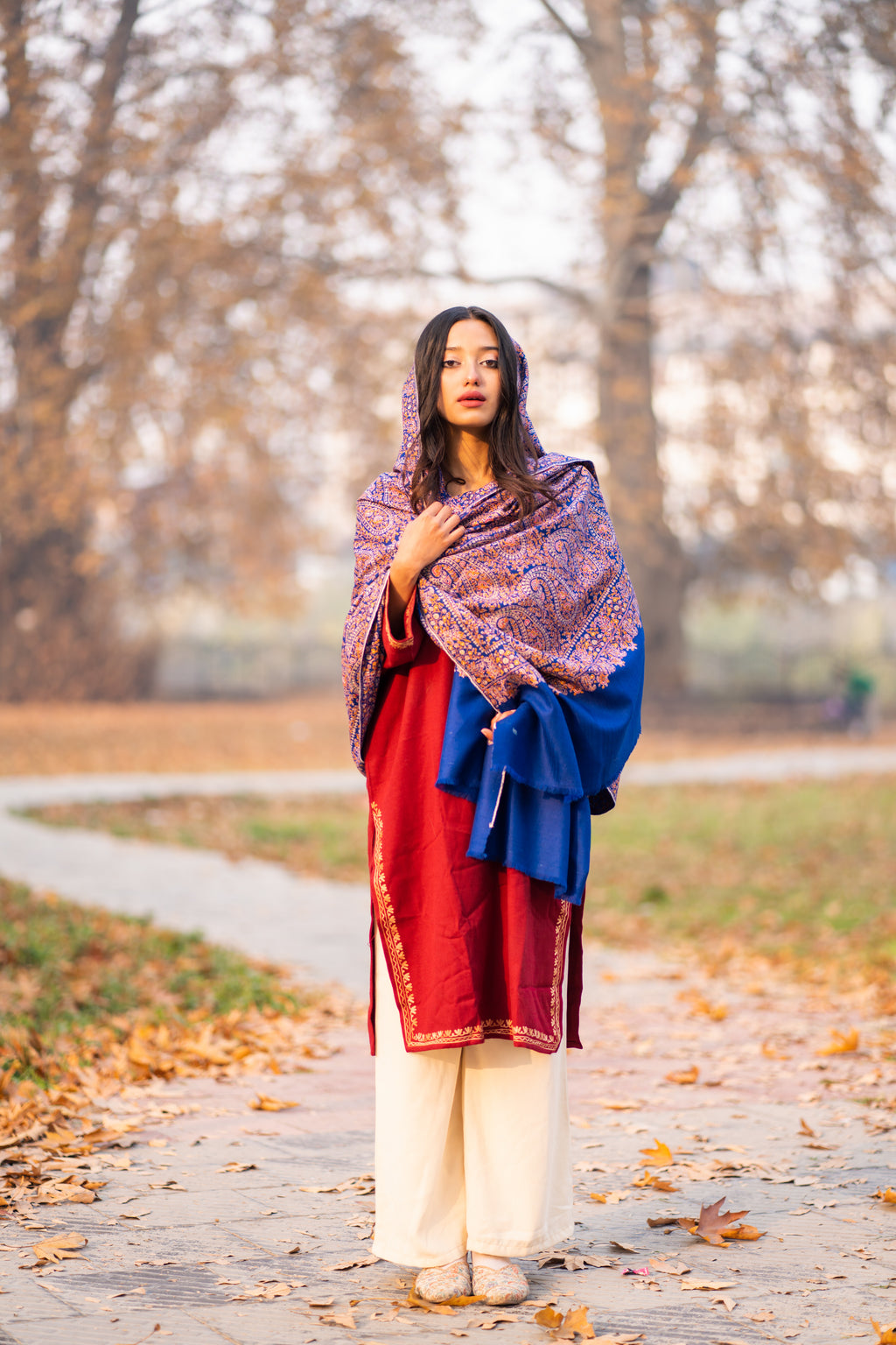 Blue Sozni Hand Embroidered Jamawar Pashmina Shawl
