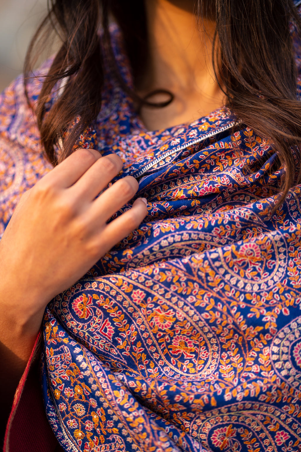 Blue Sozni Hand Embroidered Jamawar Pashmina Shawl