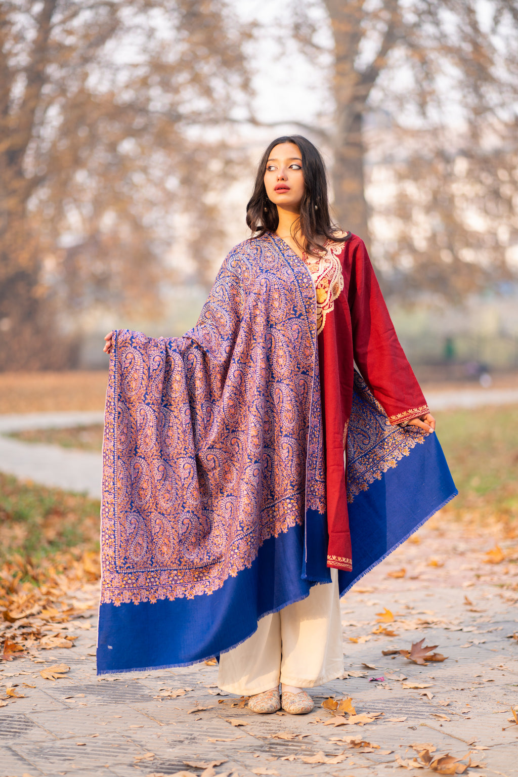Blue Sozni Hand Embroidered Jamawar Pashmina Shawl