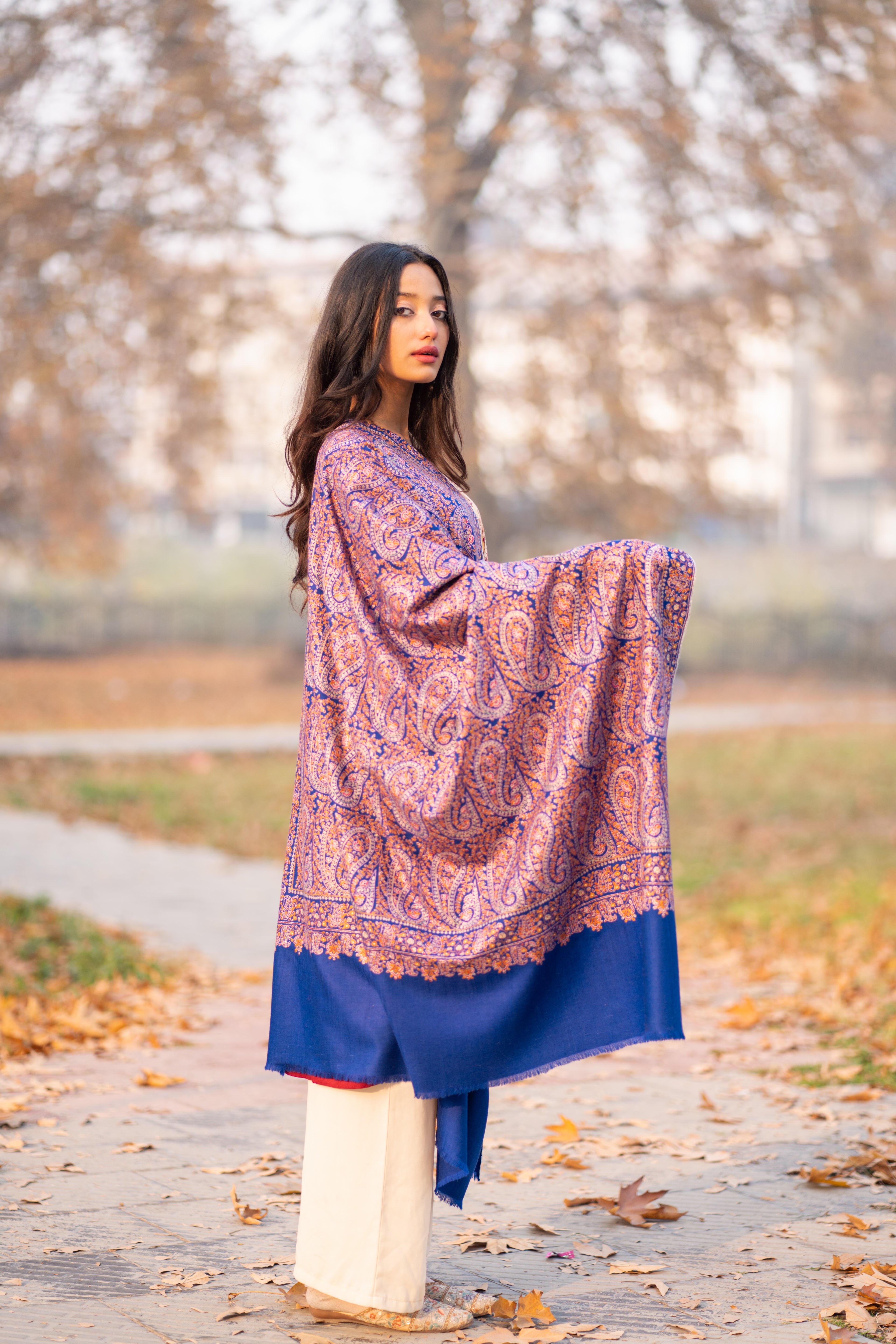 Blue Sozni Hand Embroidered Jamawar Pashmina Shawl